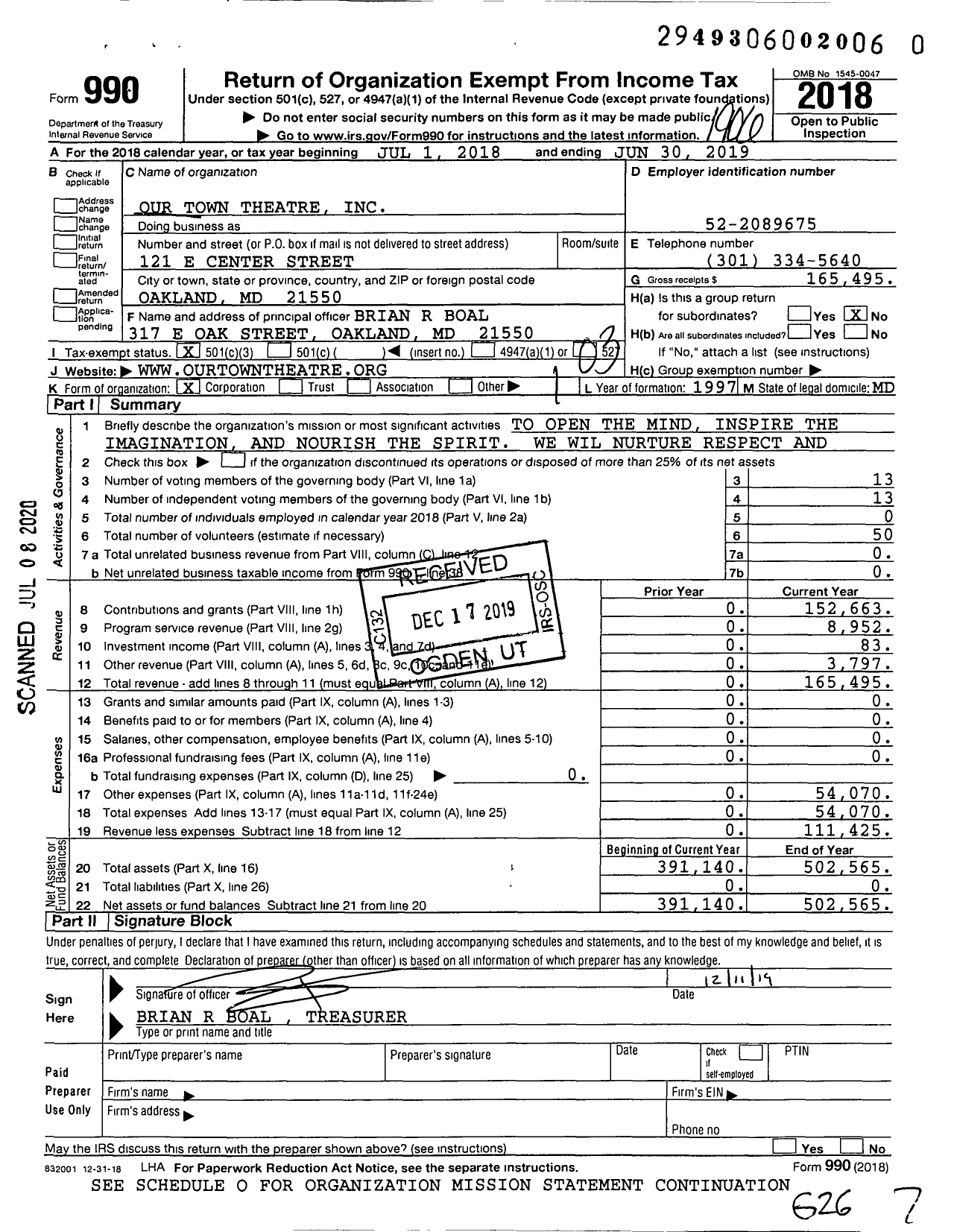 Image of first page of 2018 Form 990 for Our Town Theatre