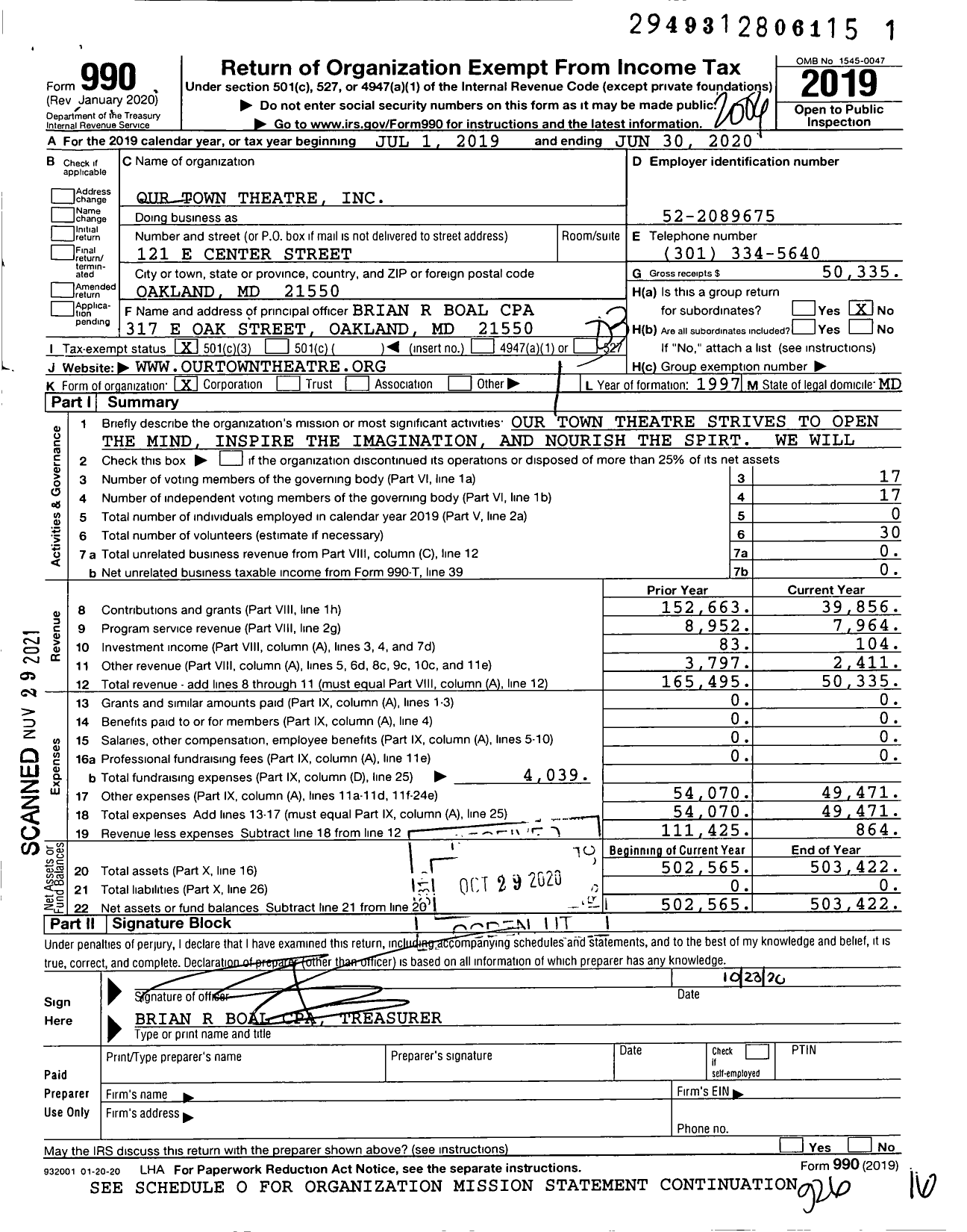 Image of first page of 2019 Form 990 for Our Town Theatre