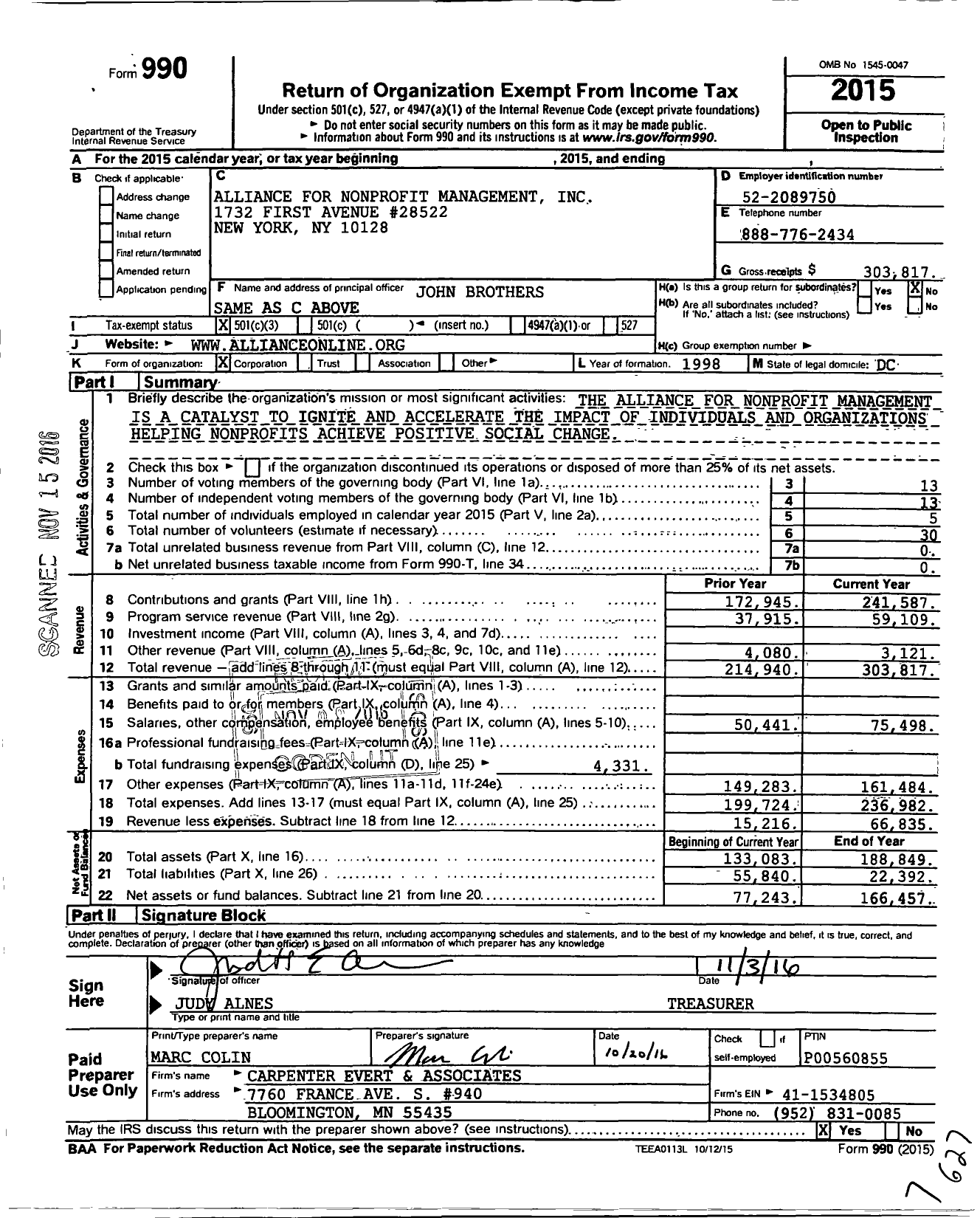 Image of first page of 2015 Form 990 for Alliance for Nonprofit Management