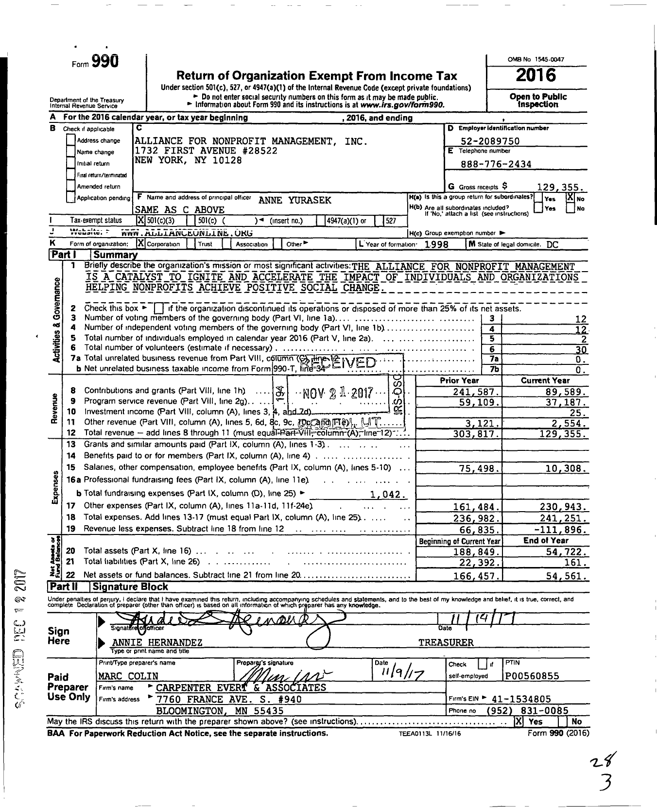 Image of first page of 2016 Form 990 for Alliance for Nonprofit Management