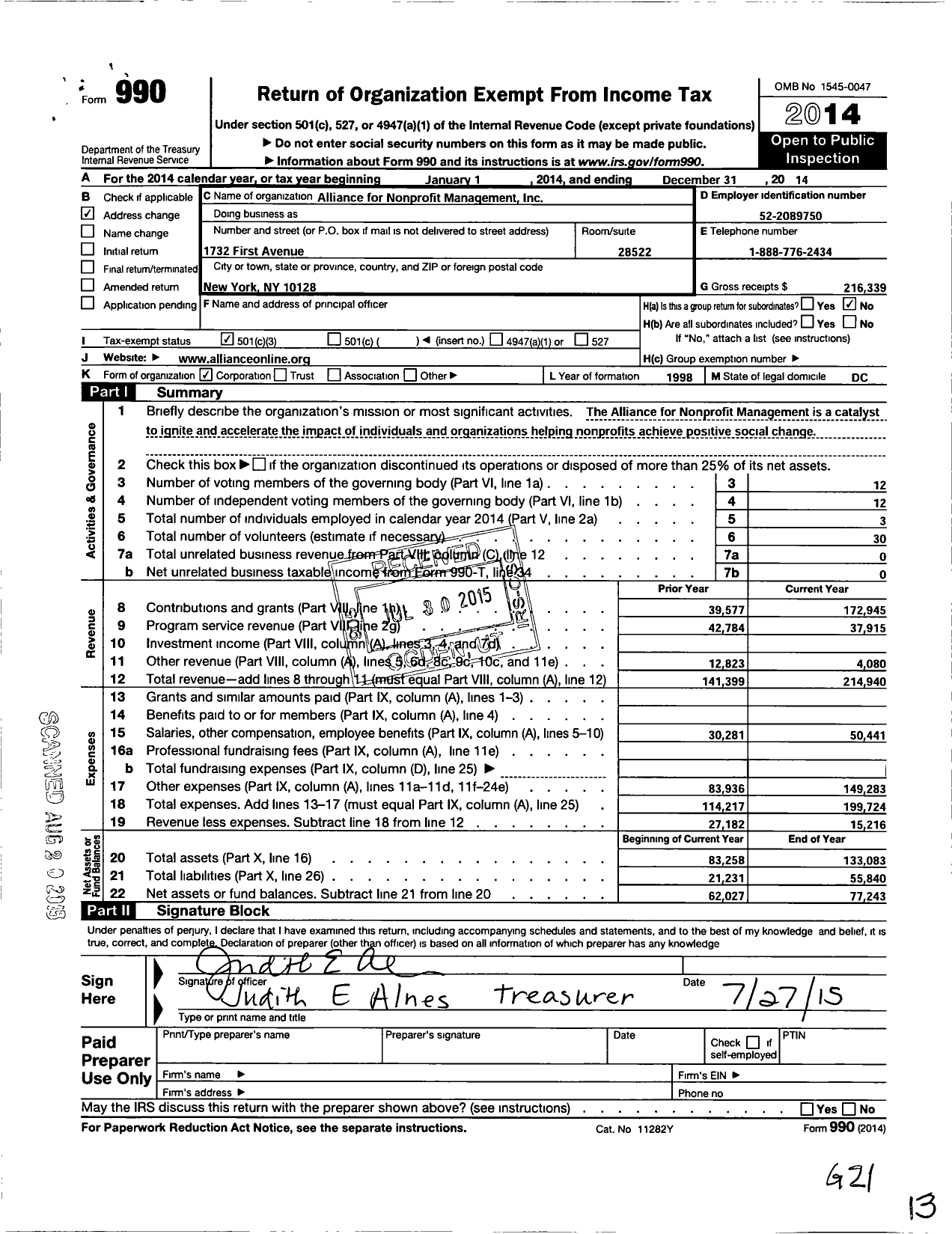 Image of first page of 2014 Form 990 for Alliance for Nonprofit Management