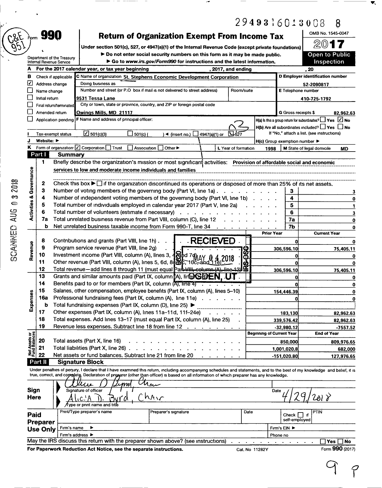 Image of first page of 2017 Form 990 for St Stephens Economic Development Corporation (SSEDC)