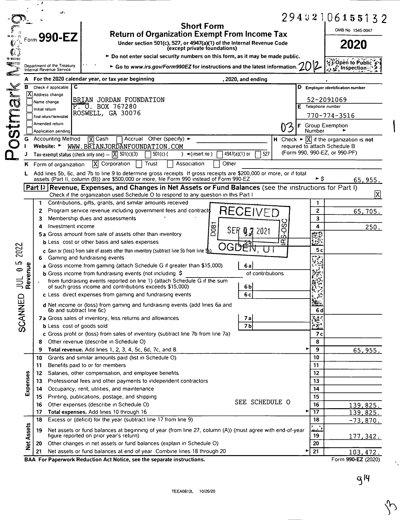 Image of first page of 2020 Form 990EZ for Brian Jordan Foundation