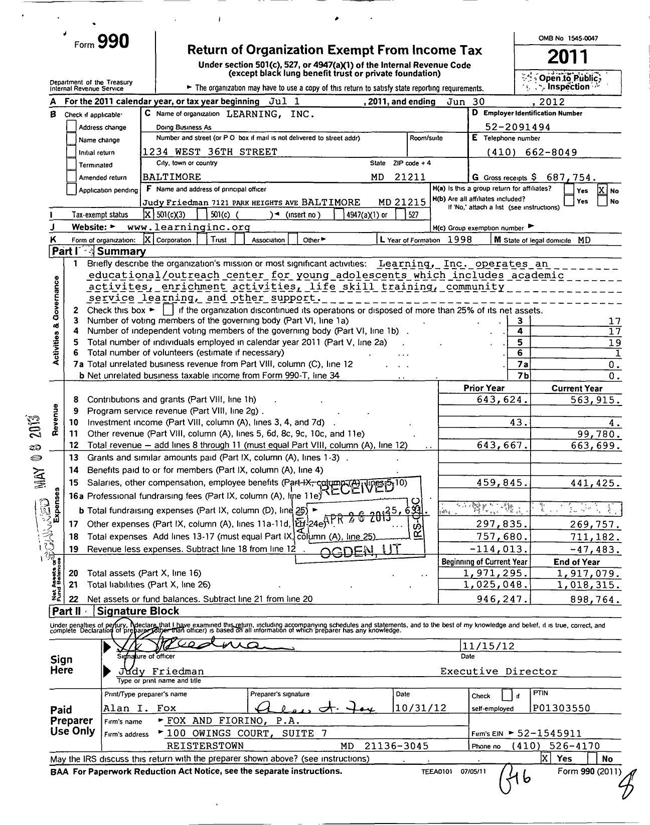 Image of first page of 2011 Form 990 for Learning