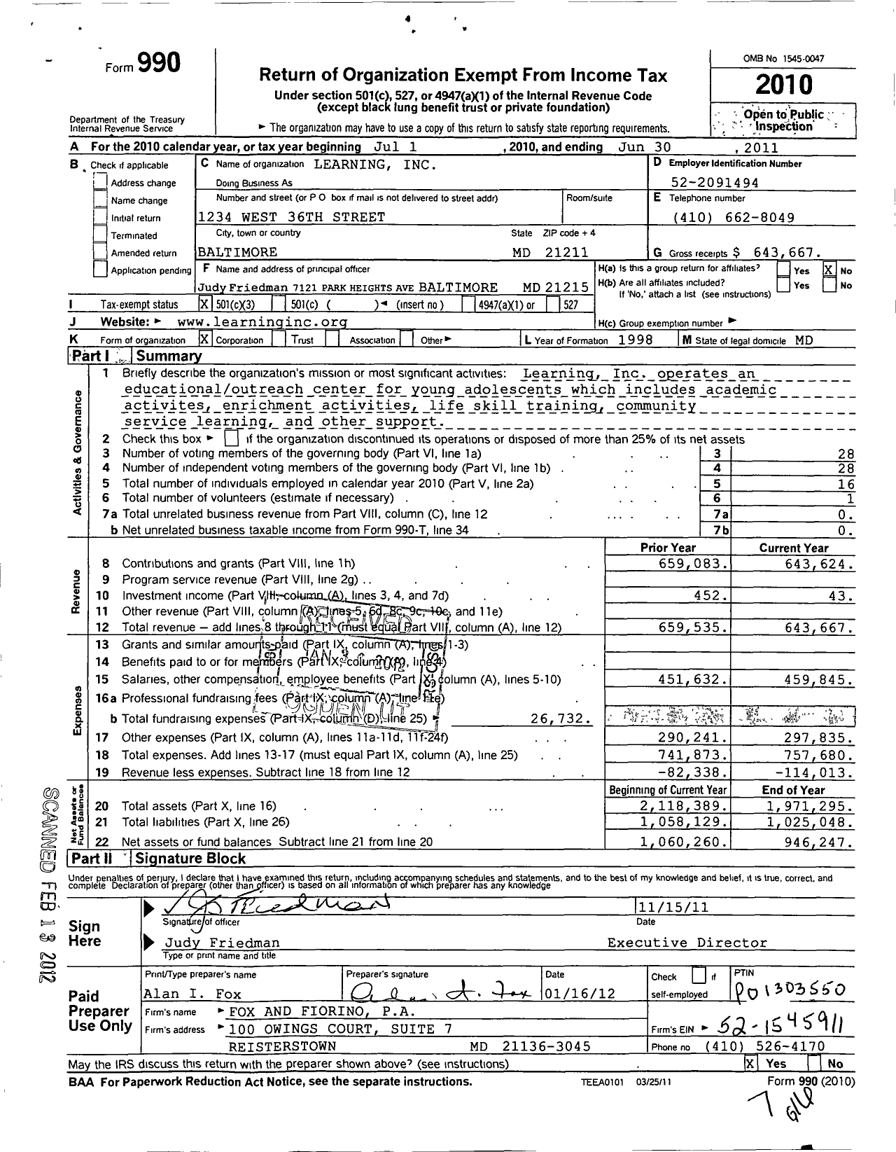 Image of first page of 2010 Form 990 for Learning