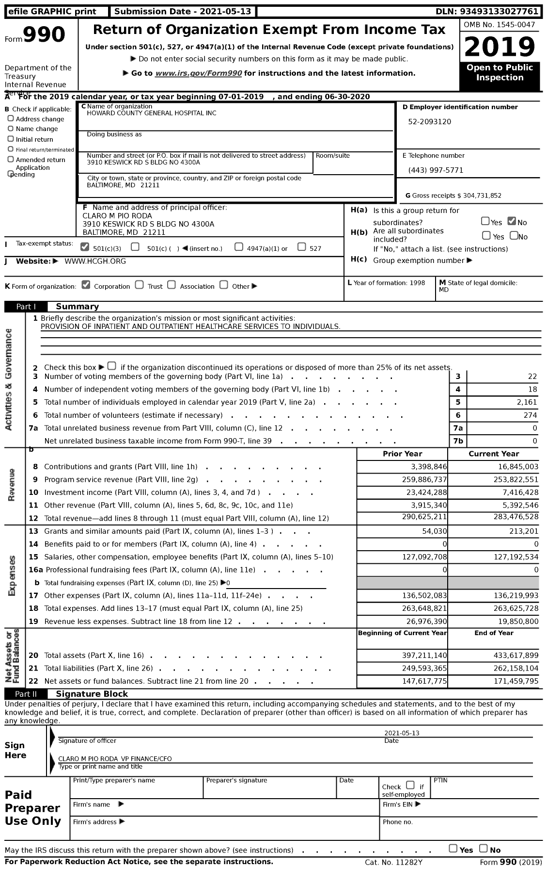 Image of first page of 2019 Form 990 for Johns Hopkins Howard County Medical Center (HCGH)