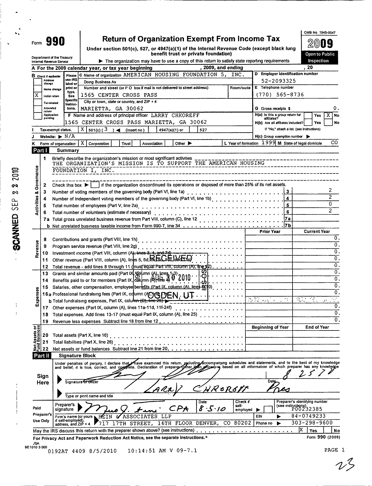 Image of first page of 2009 Form 990 for American Housing Foundation 5