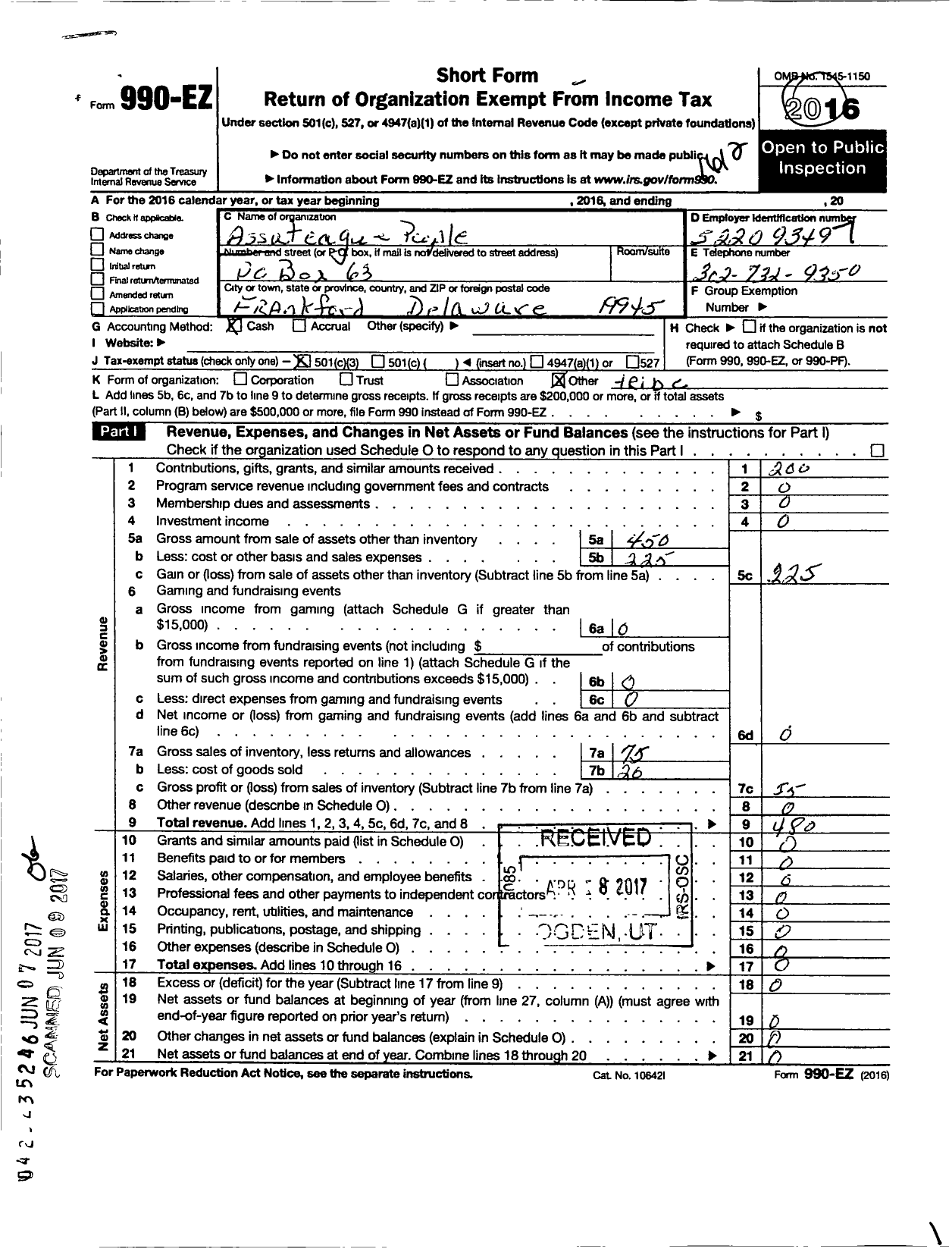 Image of first page of 2016 Form 990EZ for Assateague Peoples