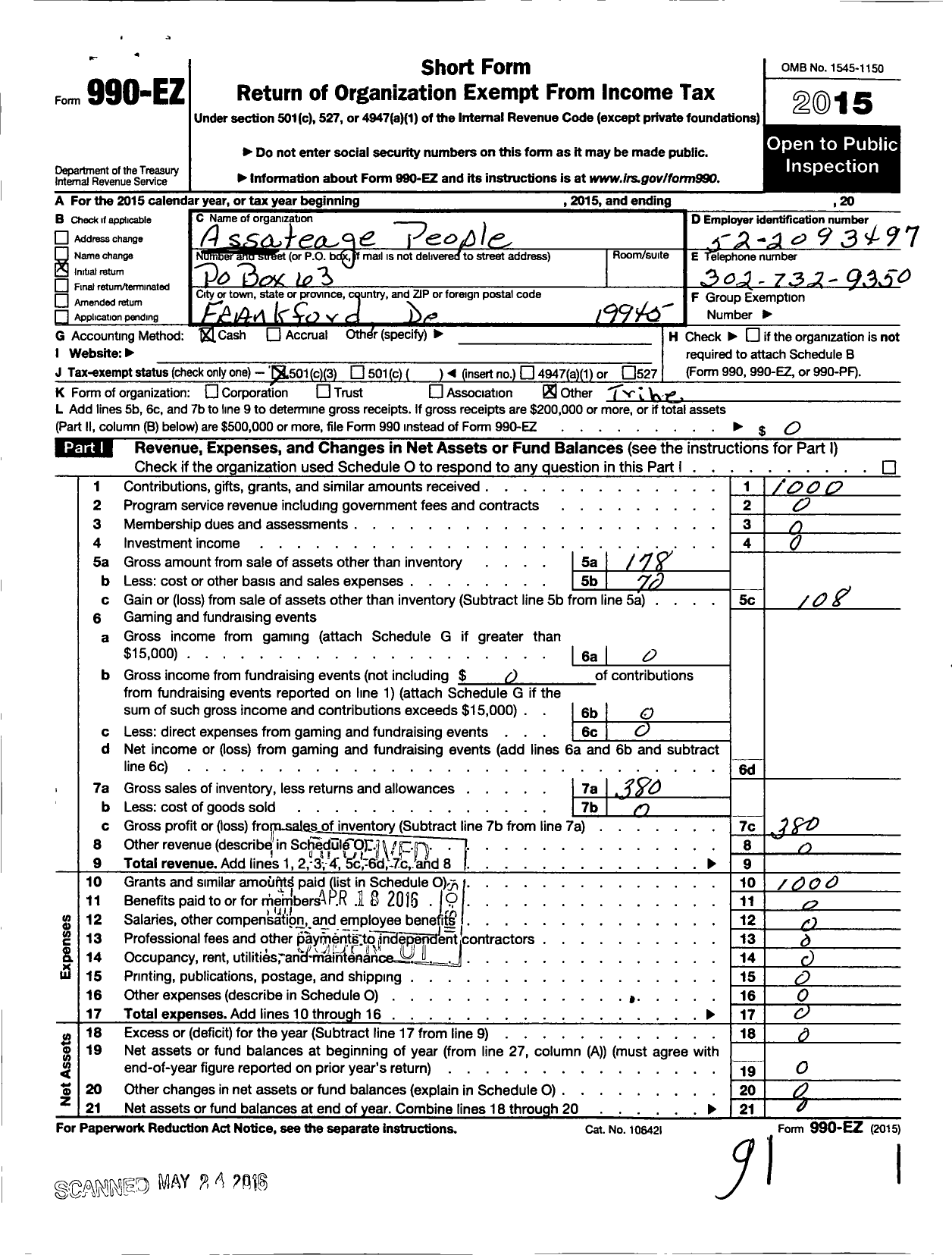 Image of first page of 2015 Form 990EZ for Assateague Peoples