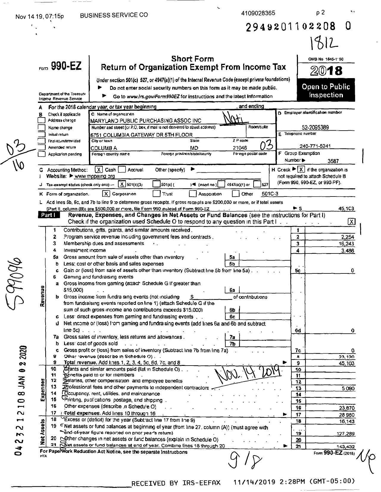 Image of first page of 2018 Form 990EZ for National Institute of Governmental Puchasing