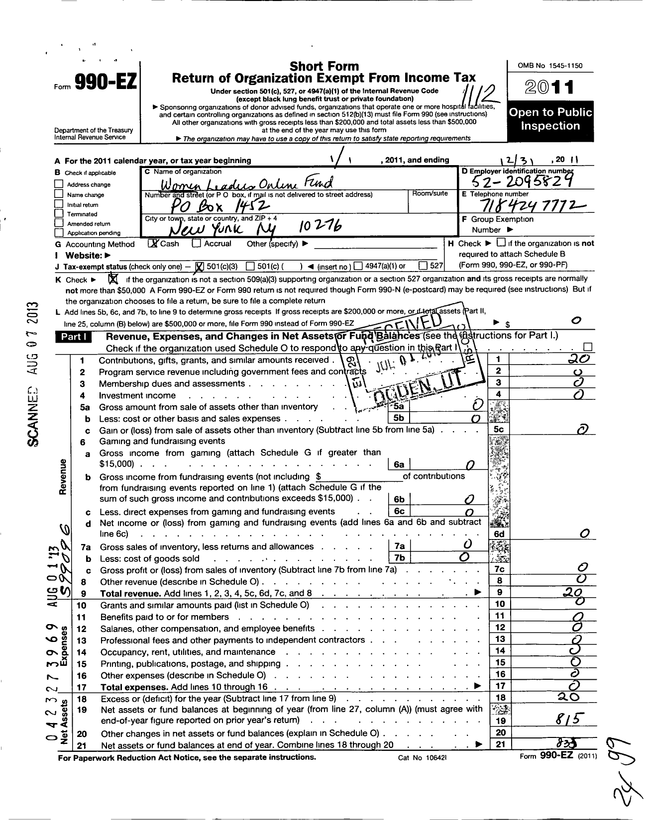 Image of first page of 2011 Form 990EZ for Women Leaders Online Fund