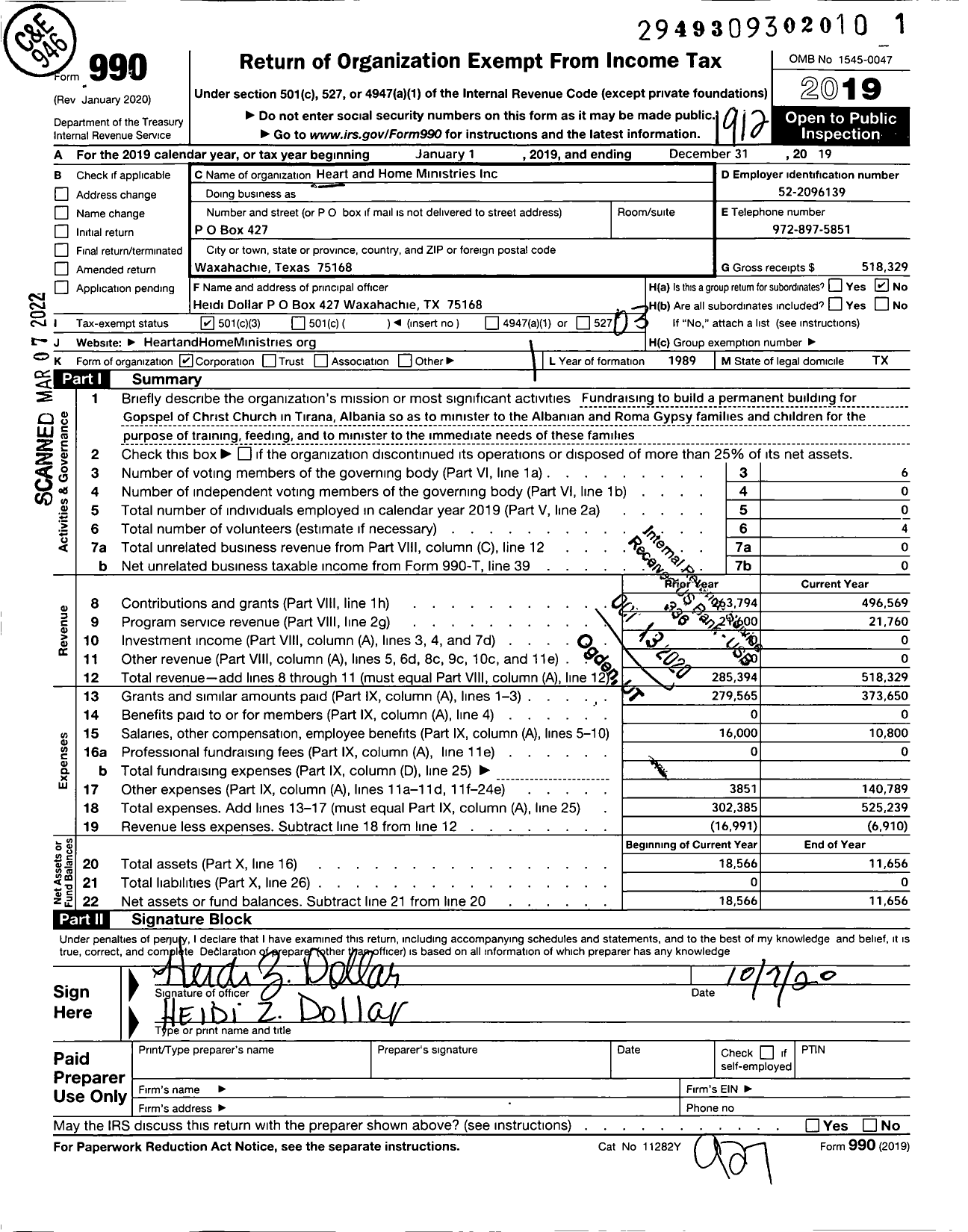 Image of first page of 2019 Form 990 for Heart and Home Ministries