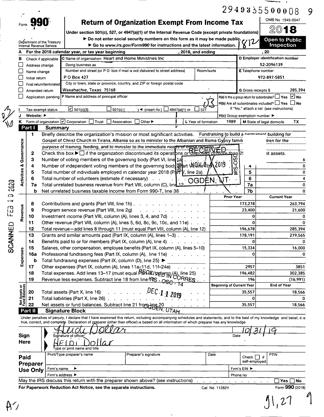 Image of first page of 2018 Form 990 for Heart and Home Ministries