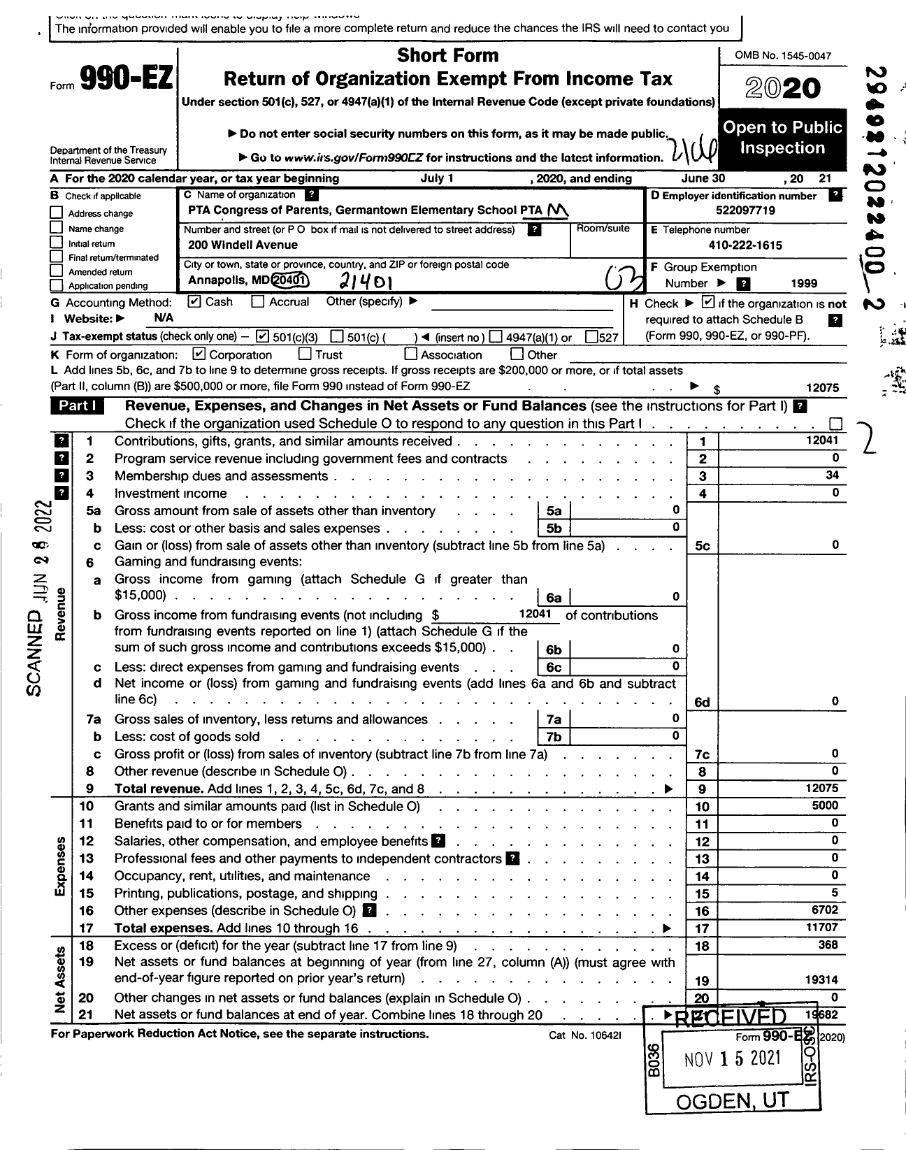 Image of first page of 2020 Form 990EZ for PTA Maryland Congress of Parents and Teachers / Germantown Elementary School PTA