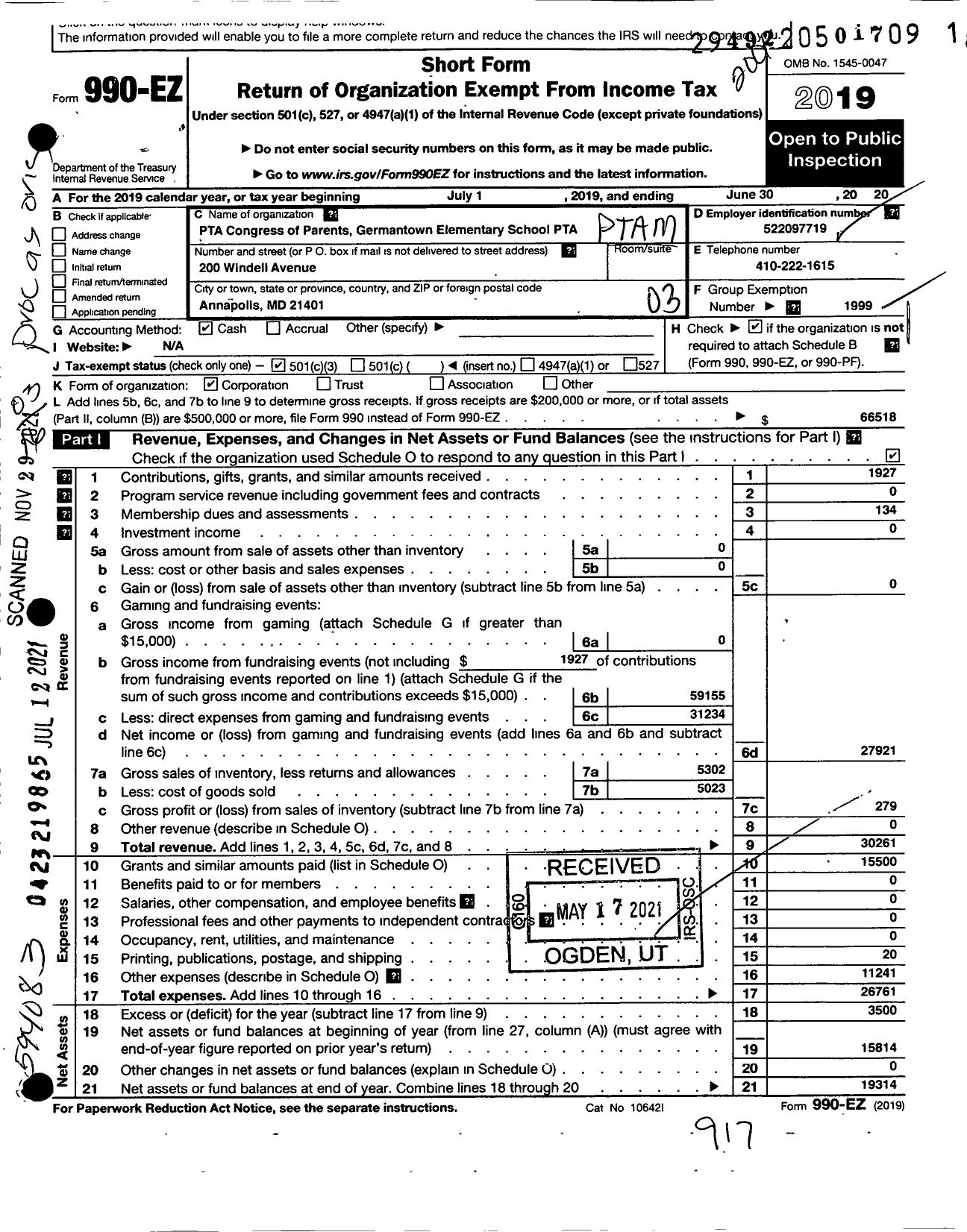 Image of first page of 2019 Form 990EZ for PTA Maryland Congress of Parents and Teachers / Germantown Elementary School PTA