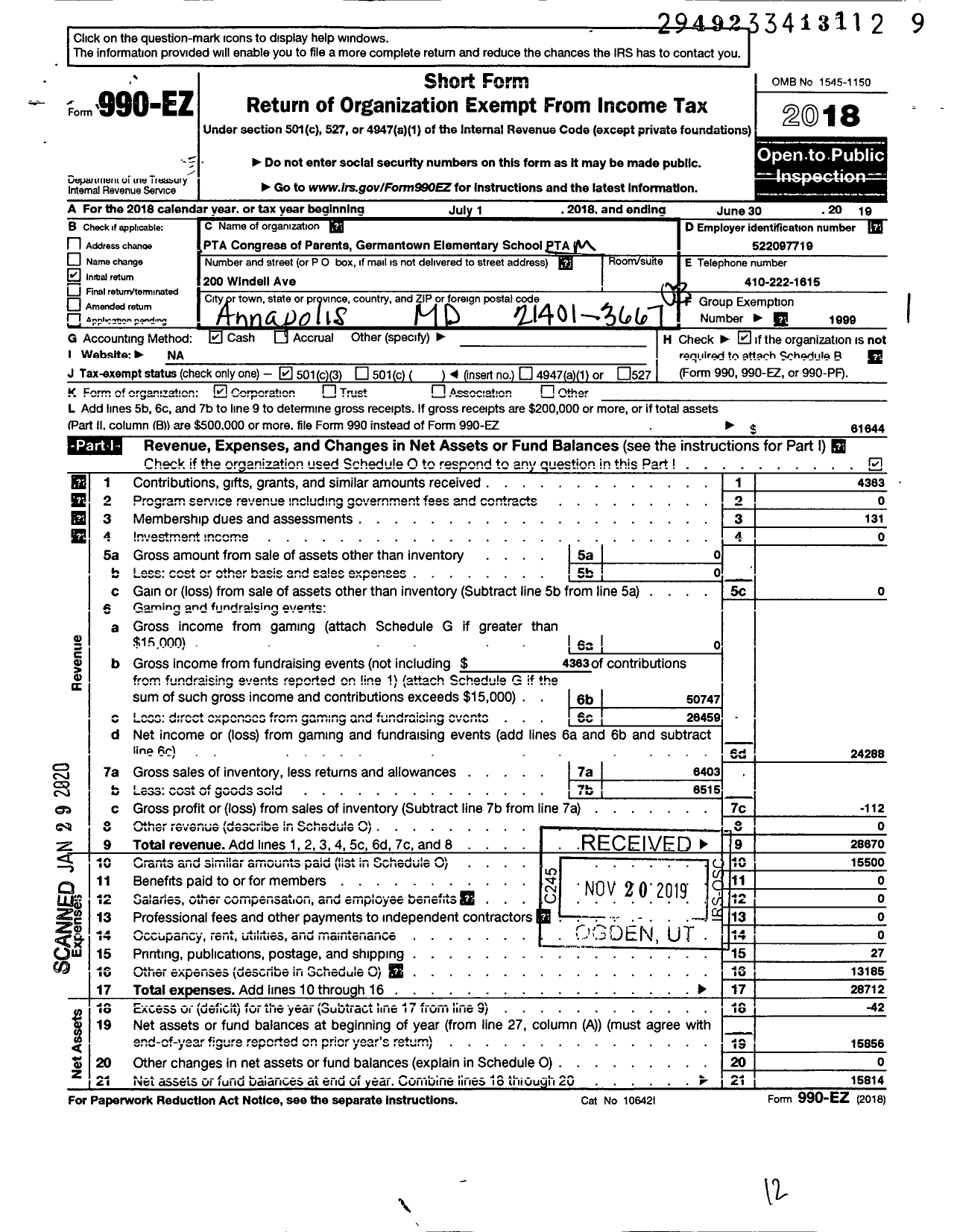 Image of first page of 2018 Form 990EZ for PTA Maryland Congress of Parents and Teachers / Germantown Elementary School PTA