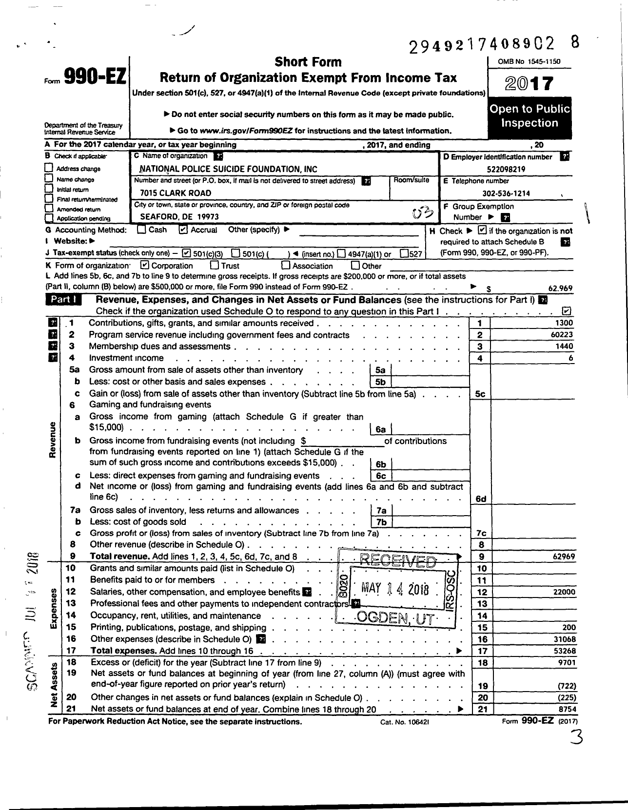 Image of first page of 2017 Form 990EZ for National Police Suicide Foundation