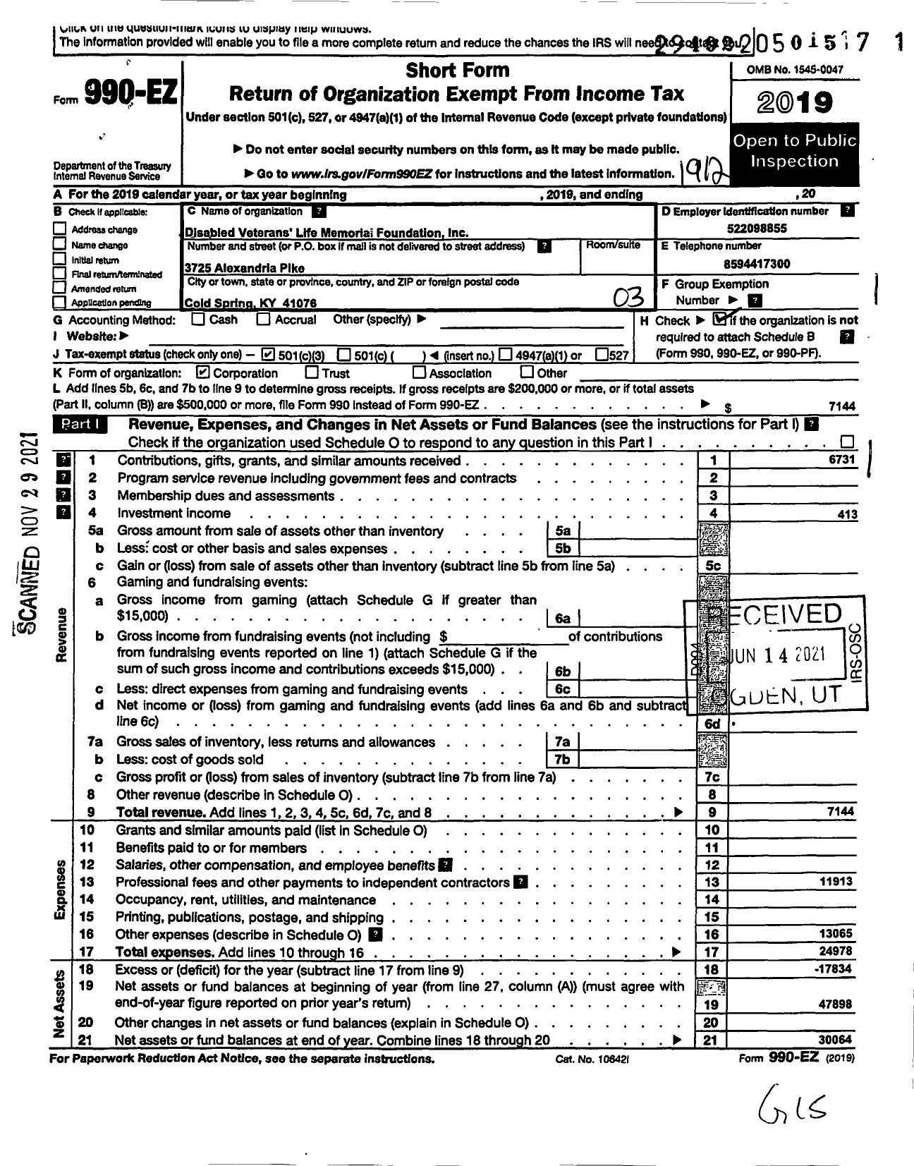 Image of first page of 2019 Form 990EZ for Disabled Veterans' Life Memorial Foundation