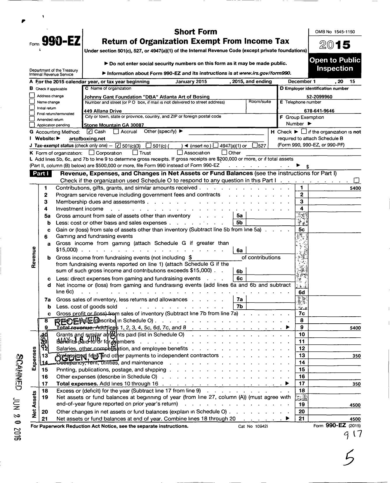 Image of first page of 2015 Form 990EZ for Johnny Gant Foundation