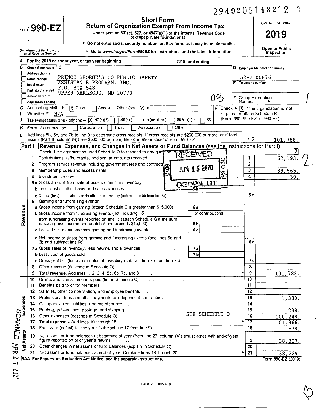 Image of first page of 2019 Form 990EZ for Prince Georges County Public Safety Assistance Program