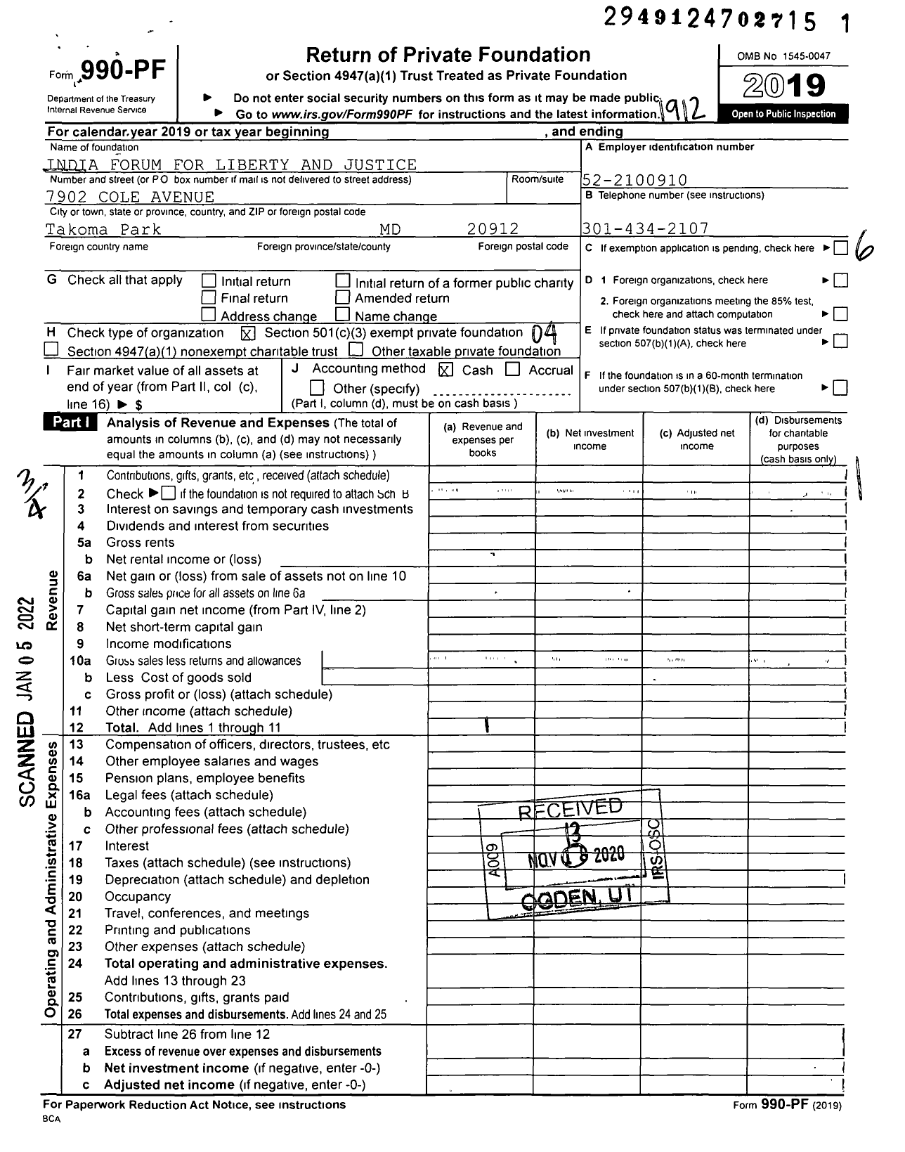 Image of first page of 2019 Form 990PF for India Forum for Liberty and Justice