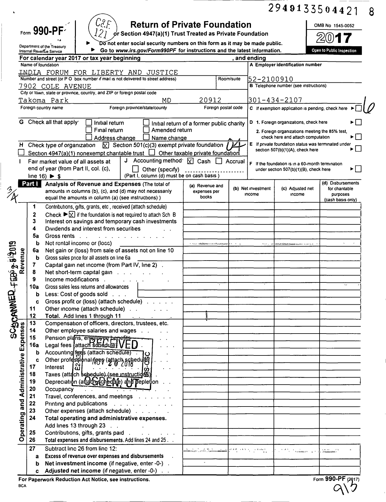 Image of first page of 2017 Form 990PF for India Forum for Liberty and Justice