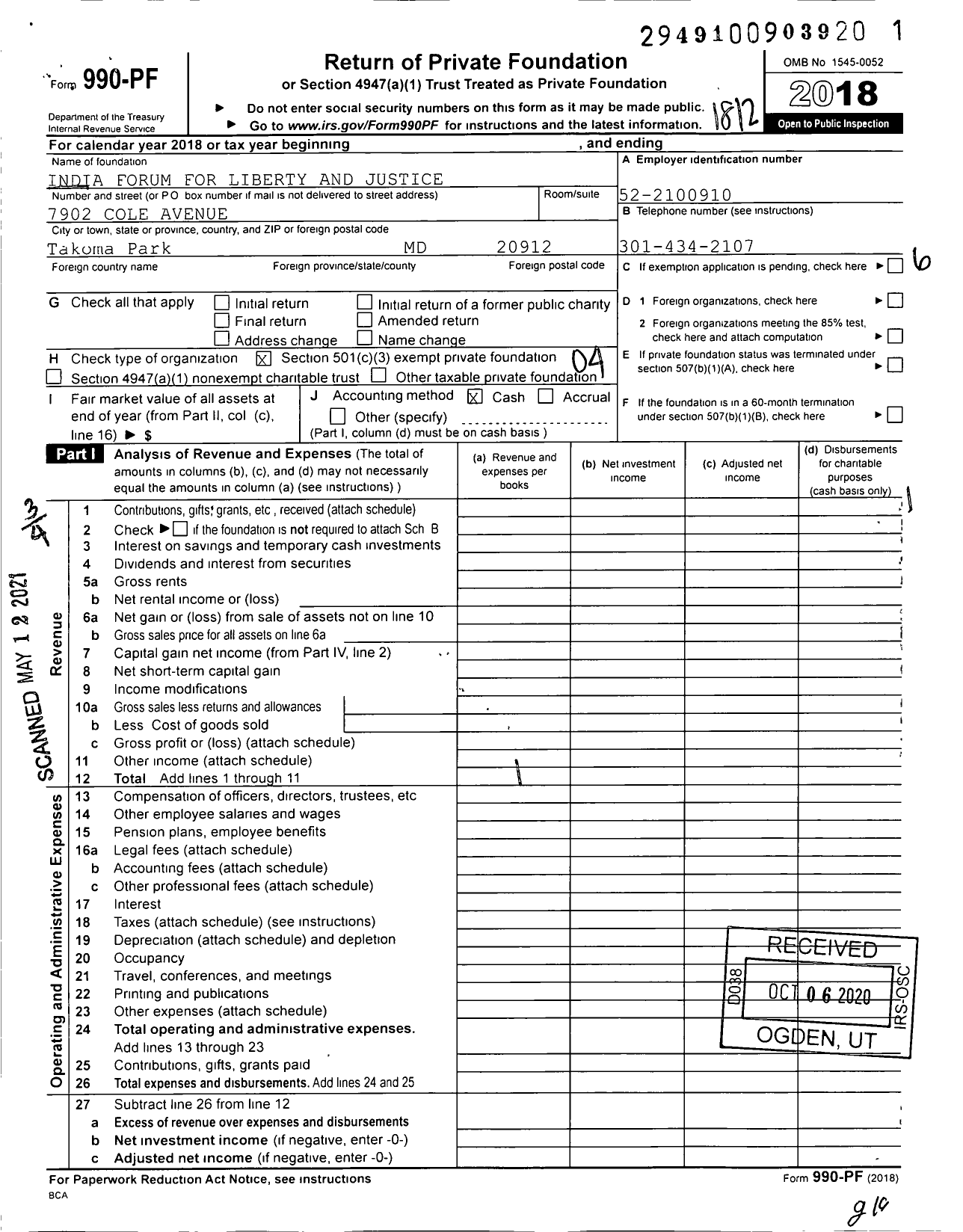 Image of first page of 2018 Form 990PF for India Forum for Liberty and Justice