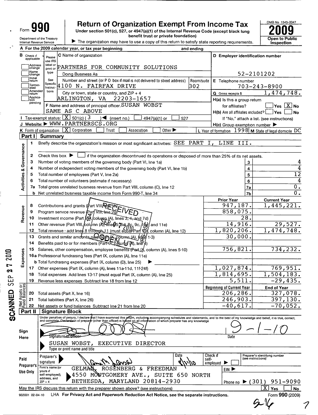 Image of first page of 2009 Form 990 for Partners for Community Solutions