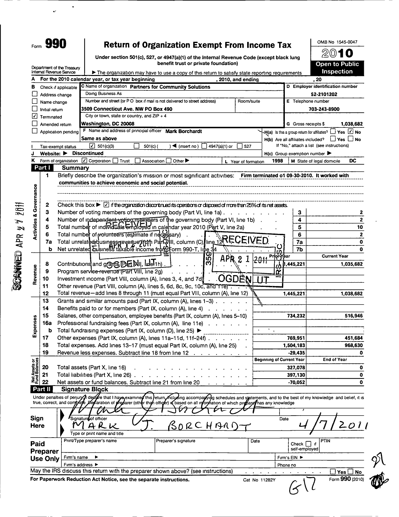 Image of first page of 2010 Form 990 for Partners for Community Solutions