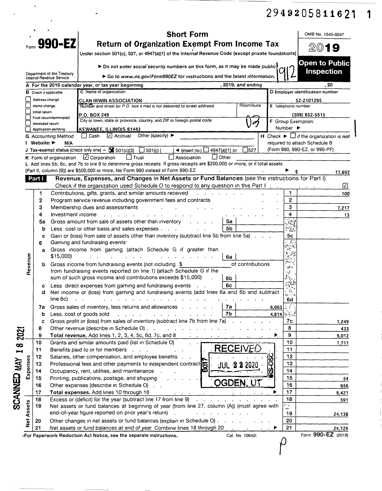 Image of first page of 2019 Form 990EZ for Clan Irwin Association