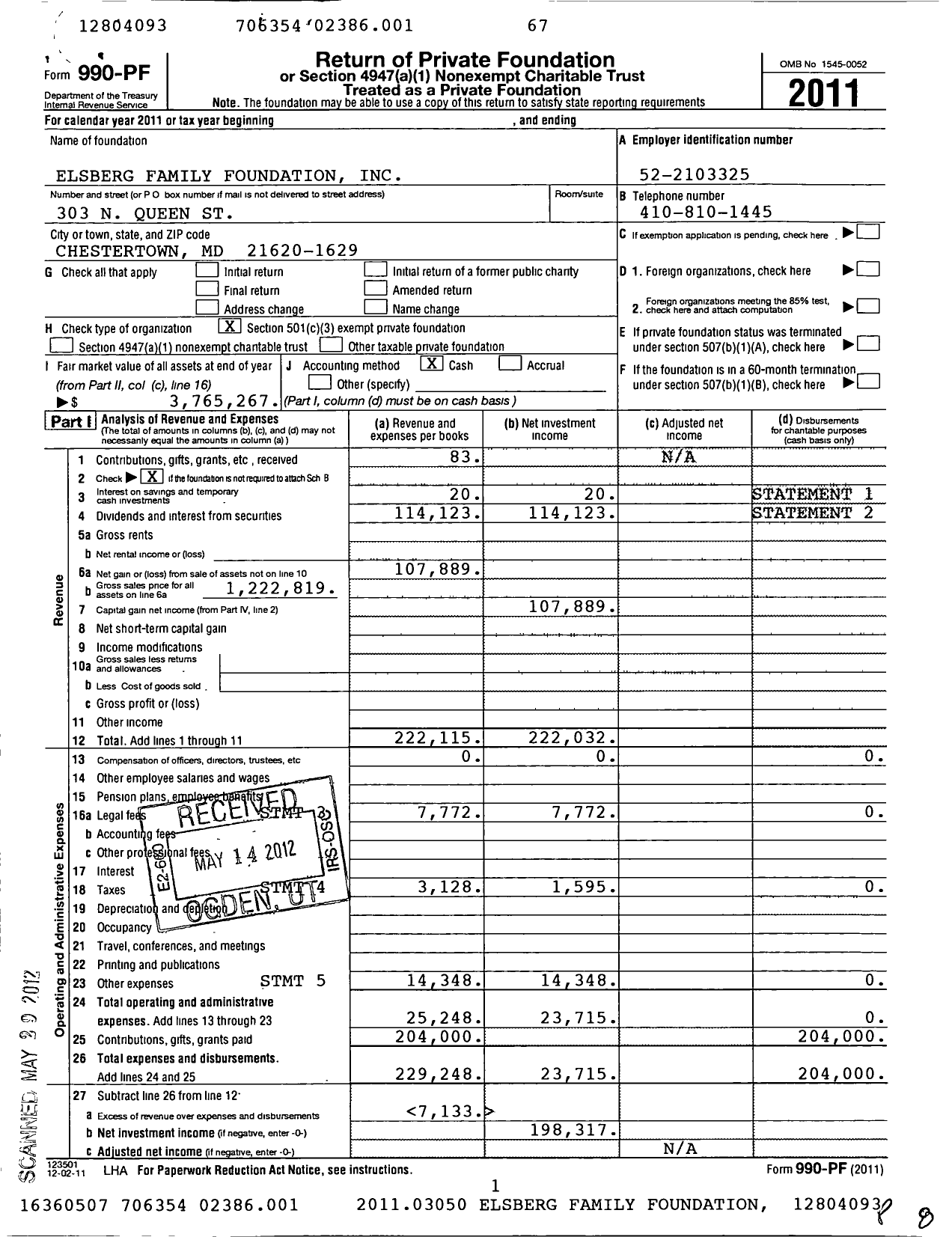 Image of first page of 2011 Form 990PF for Elsberg Family Foundation