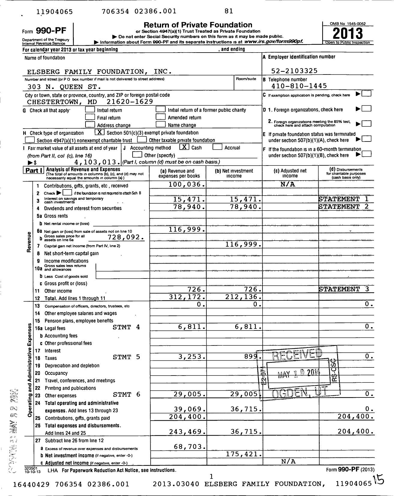 Image of first page of 2013 Form 990PF for Elsberg Family Foundation