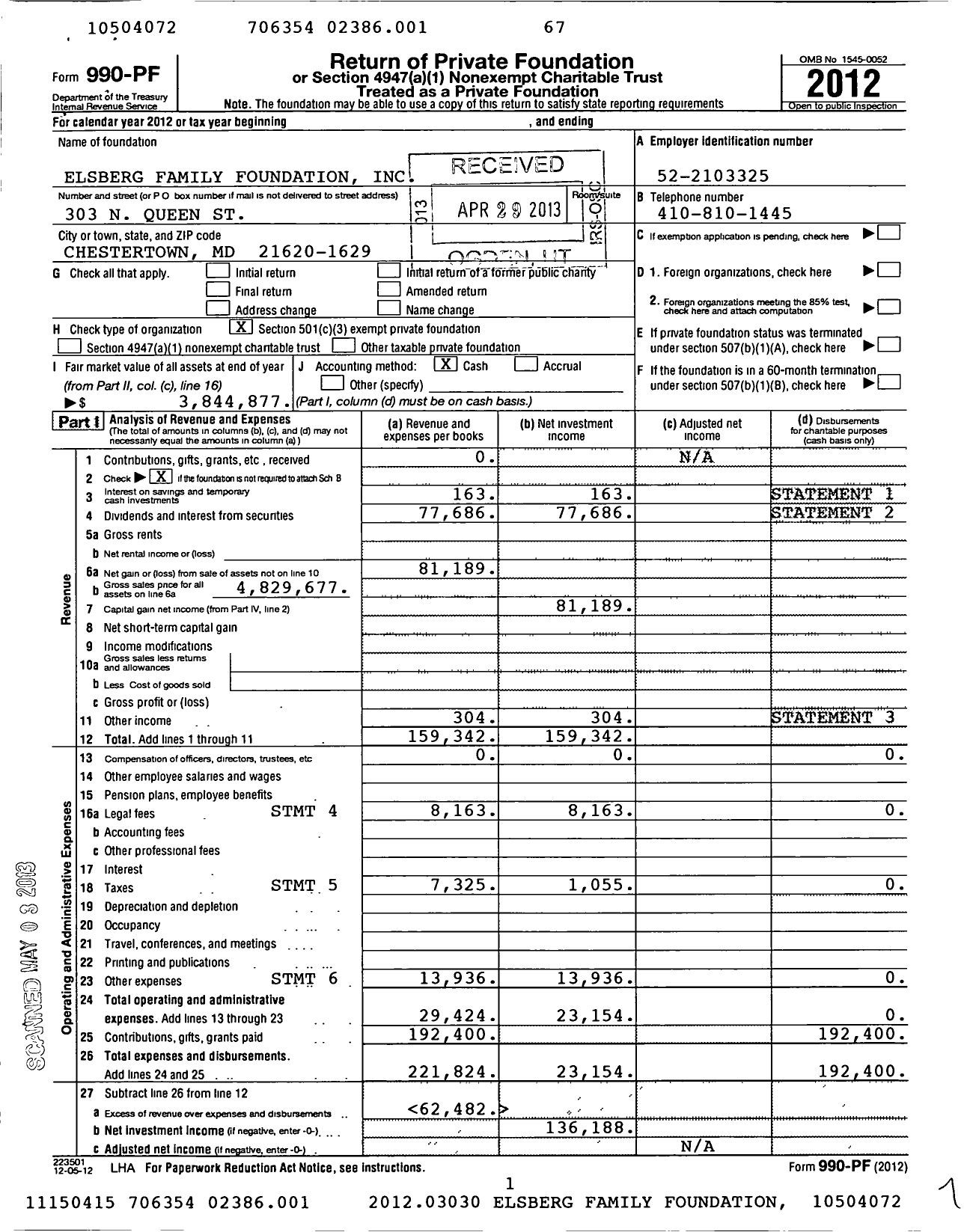 Image of first page of 2012 Form 990PF for Elsberg Family Foundation