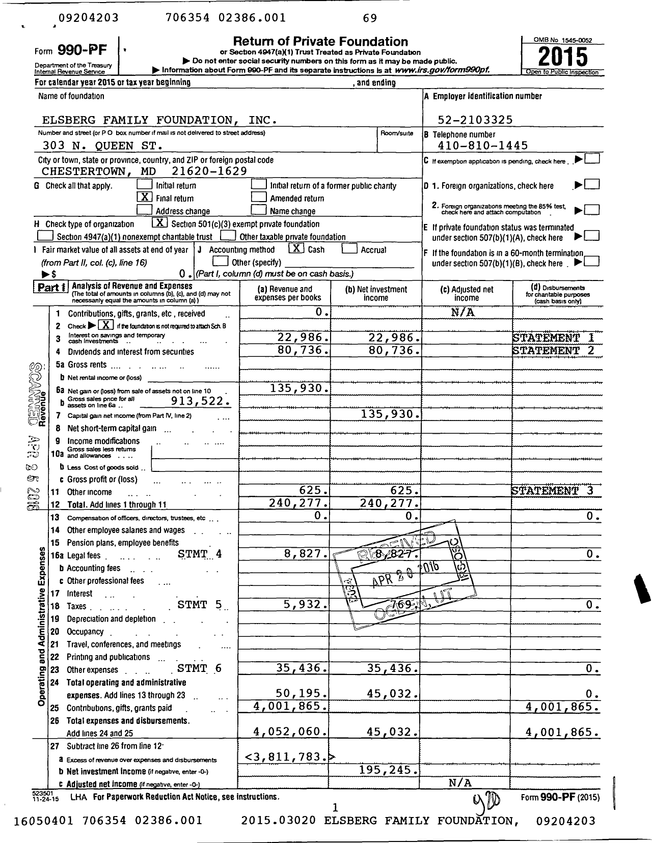 Image of first page of 2015 Form 990PF for Elsberg Family Foundation