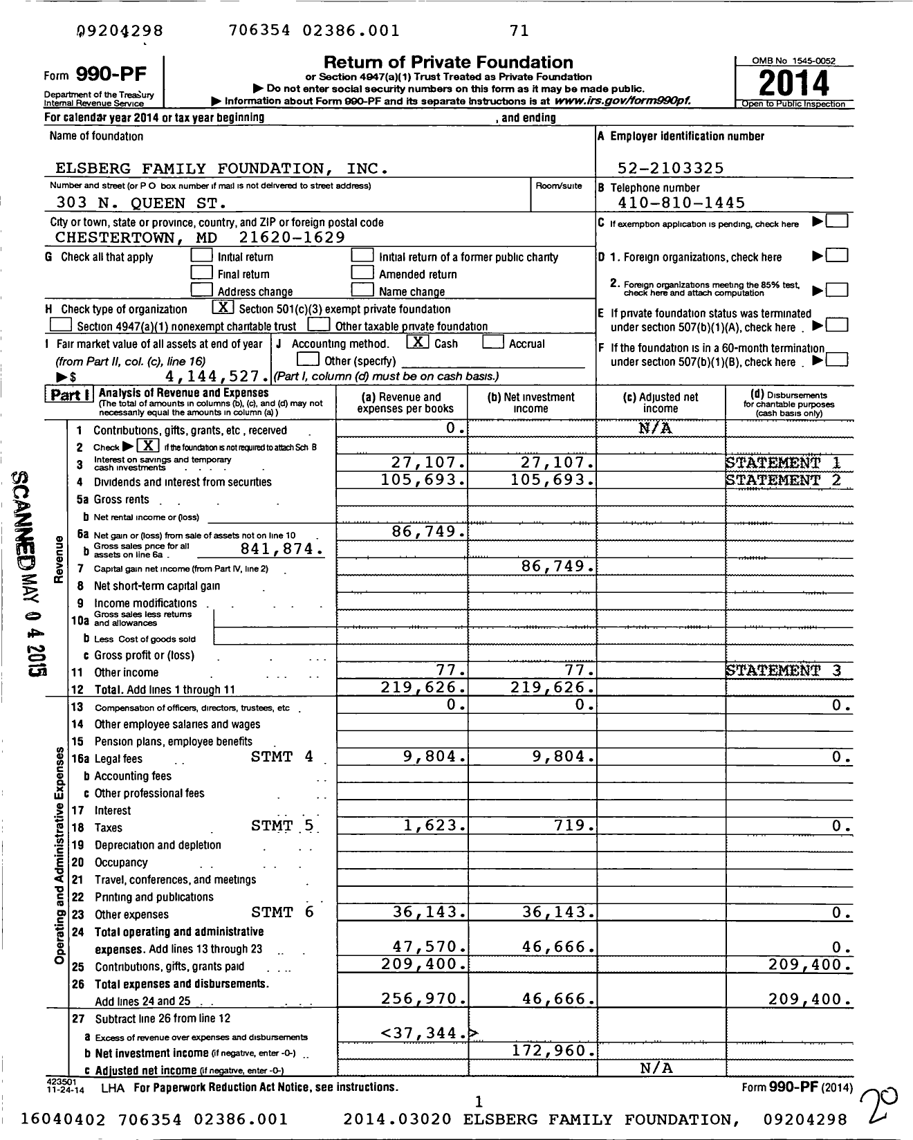Image of first page of 2014 Form 990PF for Elsberg Family Foundation