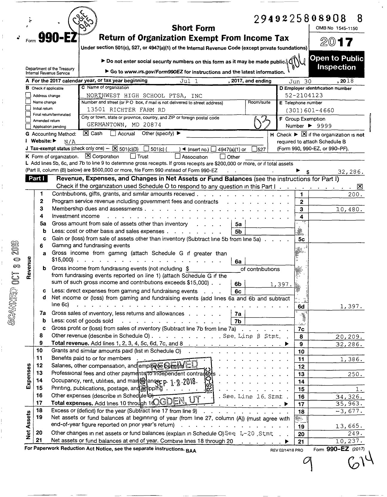 Image of first page of 2017 Form 990EZ for Pta Maryland Congress Of Parents and Teachers / Northwest High School PTA