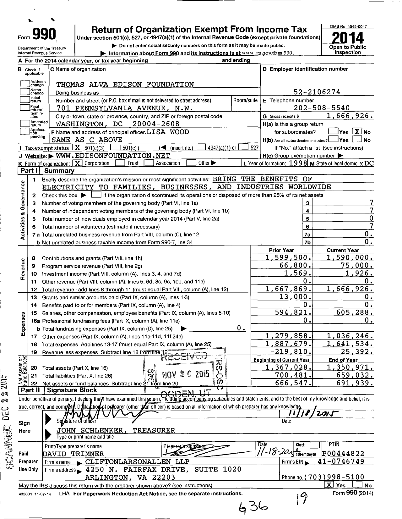Image of first page of 2014 Form 990 for Thomas Alva Edison Foundation