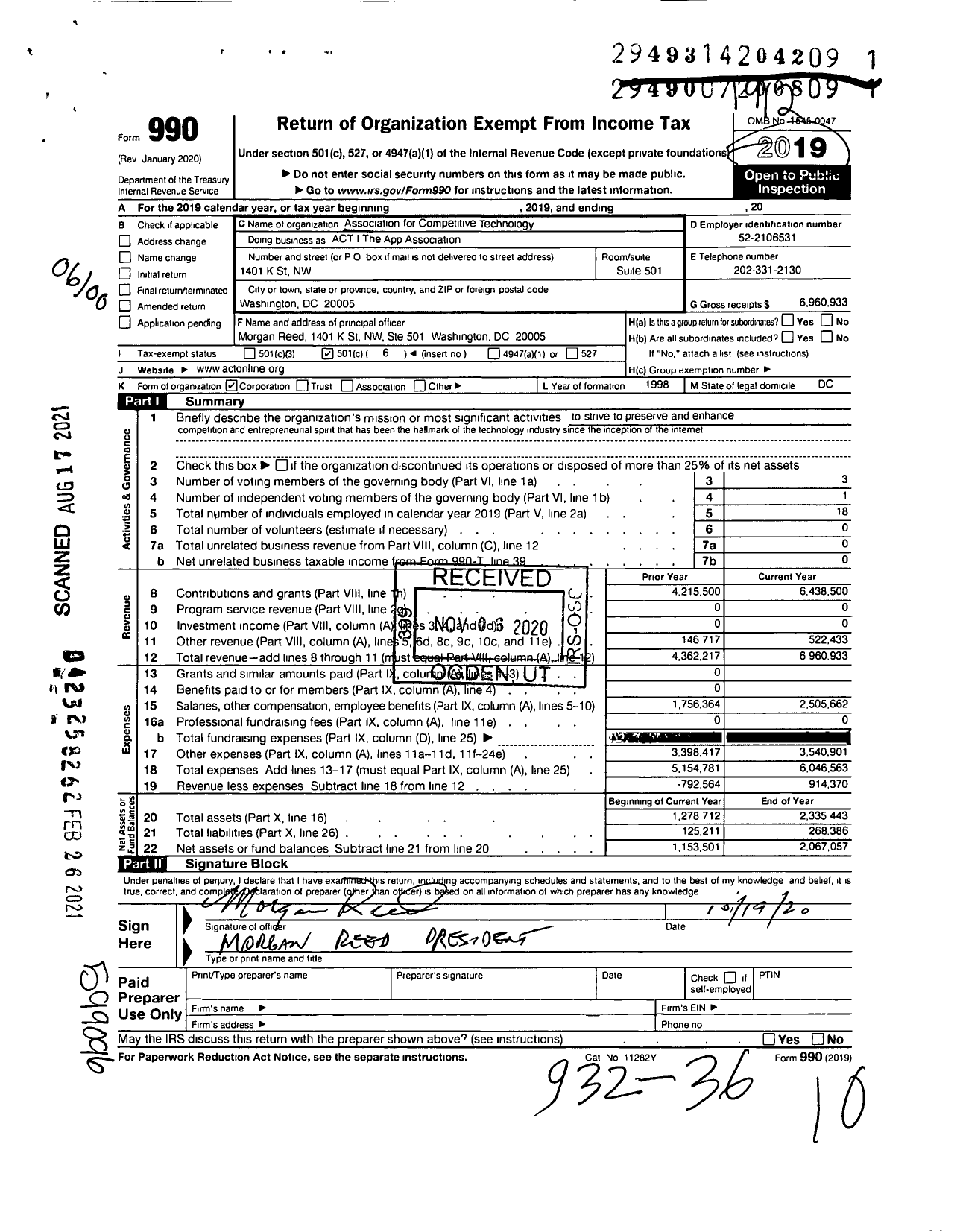 Image of first page of 2019 Form 990O for Association for Competitive Technology ACT The app Assiciation (ACT)