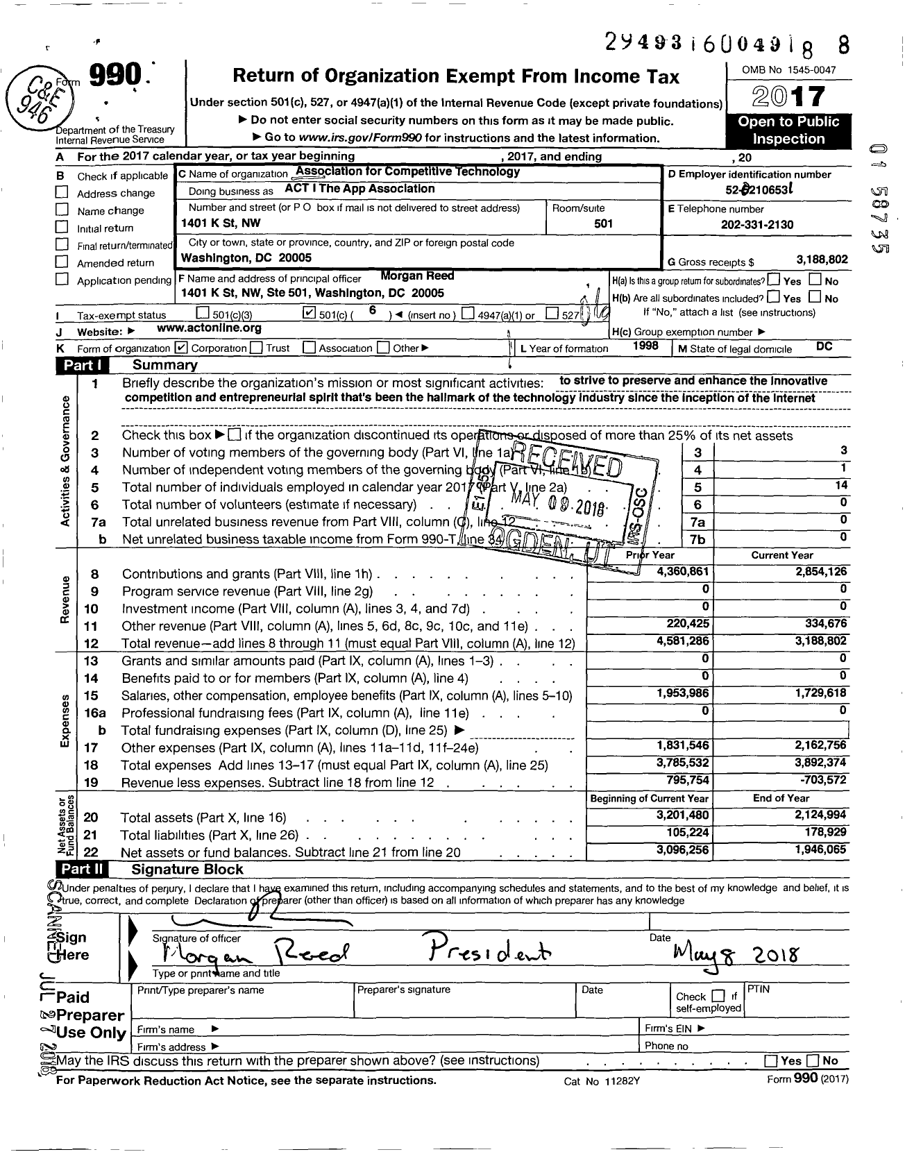 Image of first page of 2017 Form 990O for Association for Competitive Technolgy ACT The app Association (ACT)