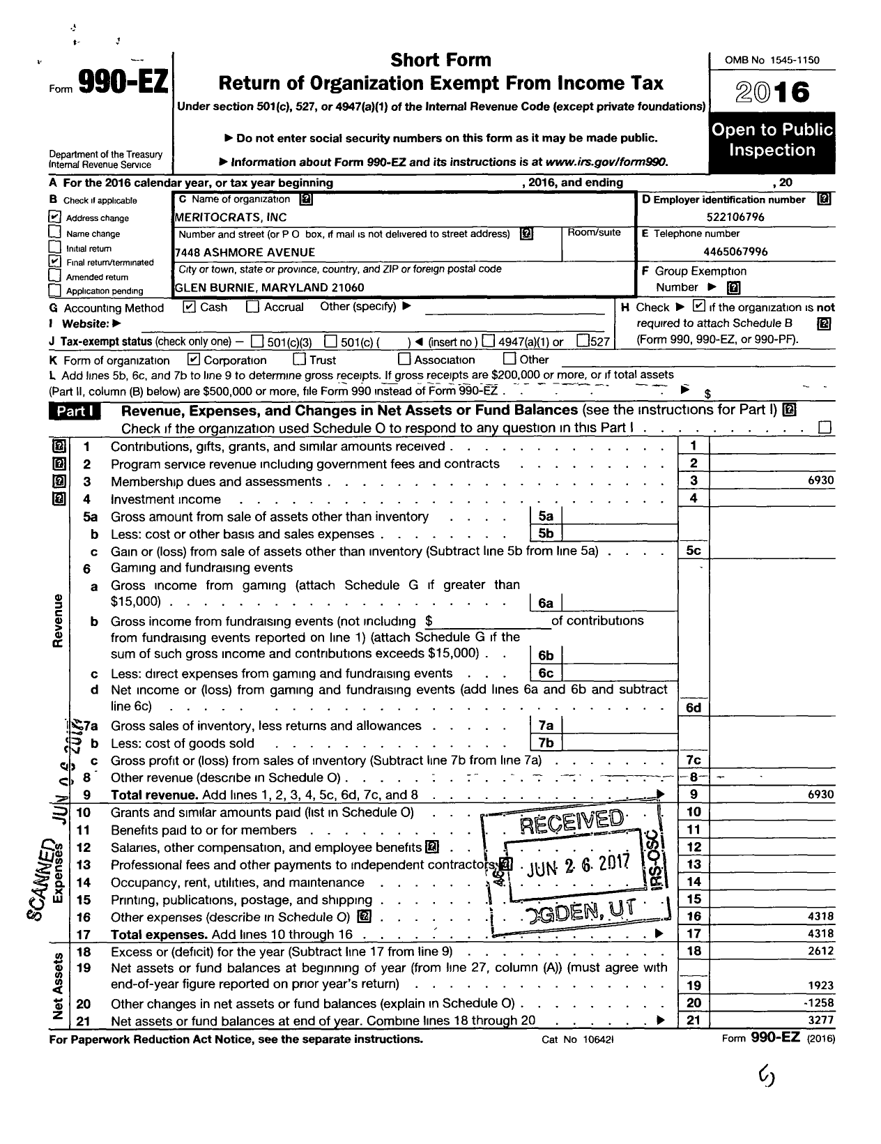 Image of first page of 2016 Form 990EO for Meritocrats