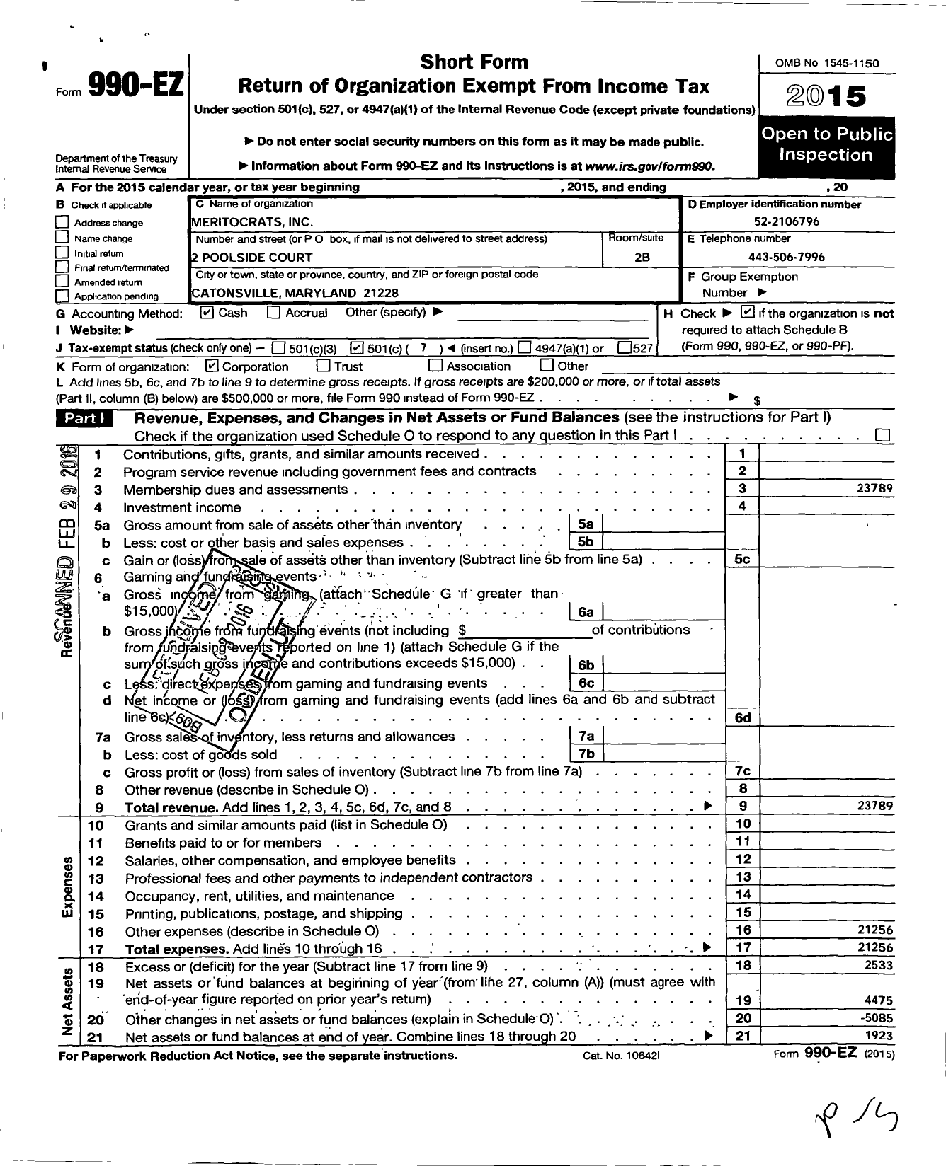 Image of first page of 2015 Form 990EO for Meritocrats