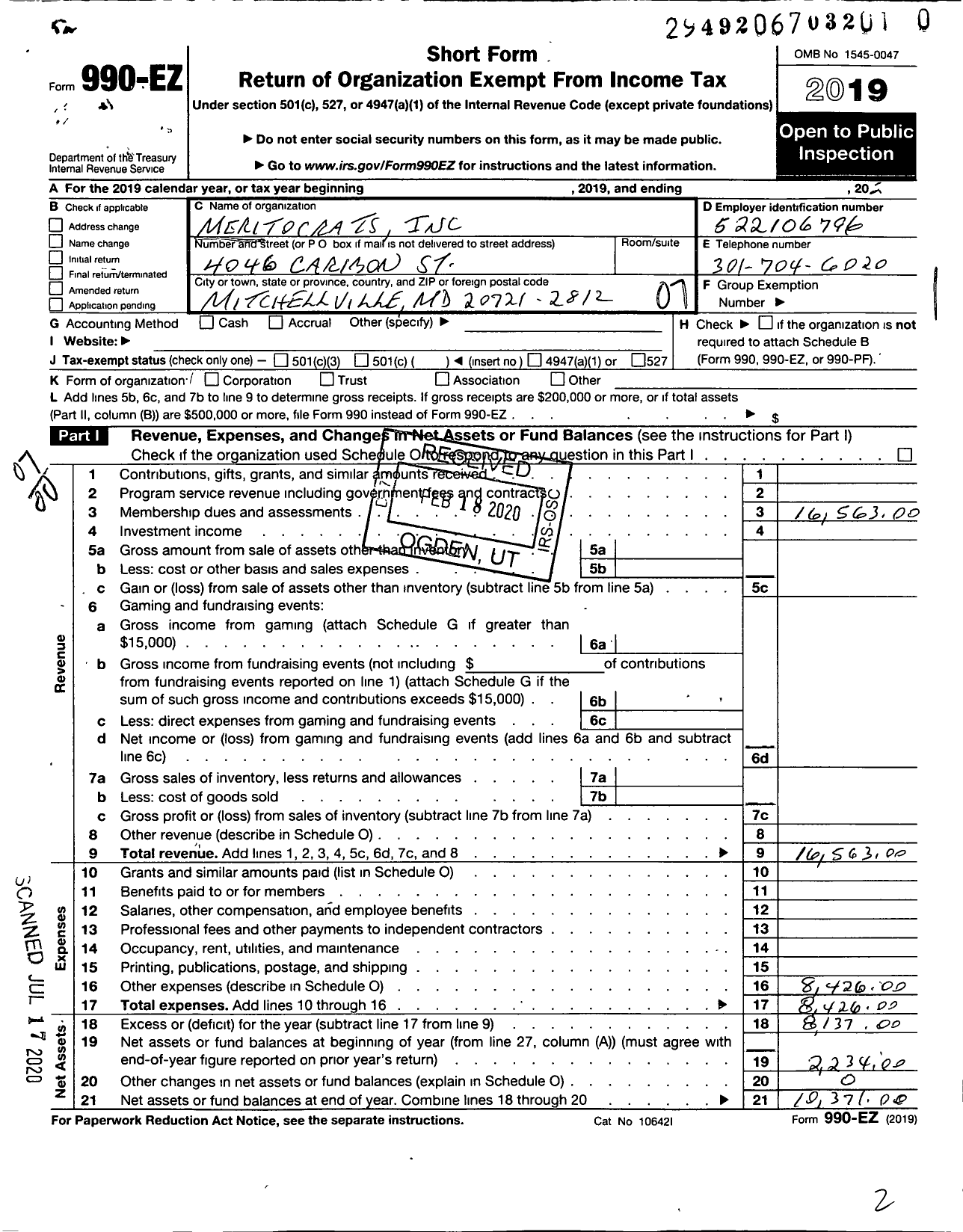 Image of first page of 2019 Form 990EO for Meritocrats