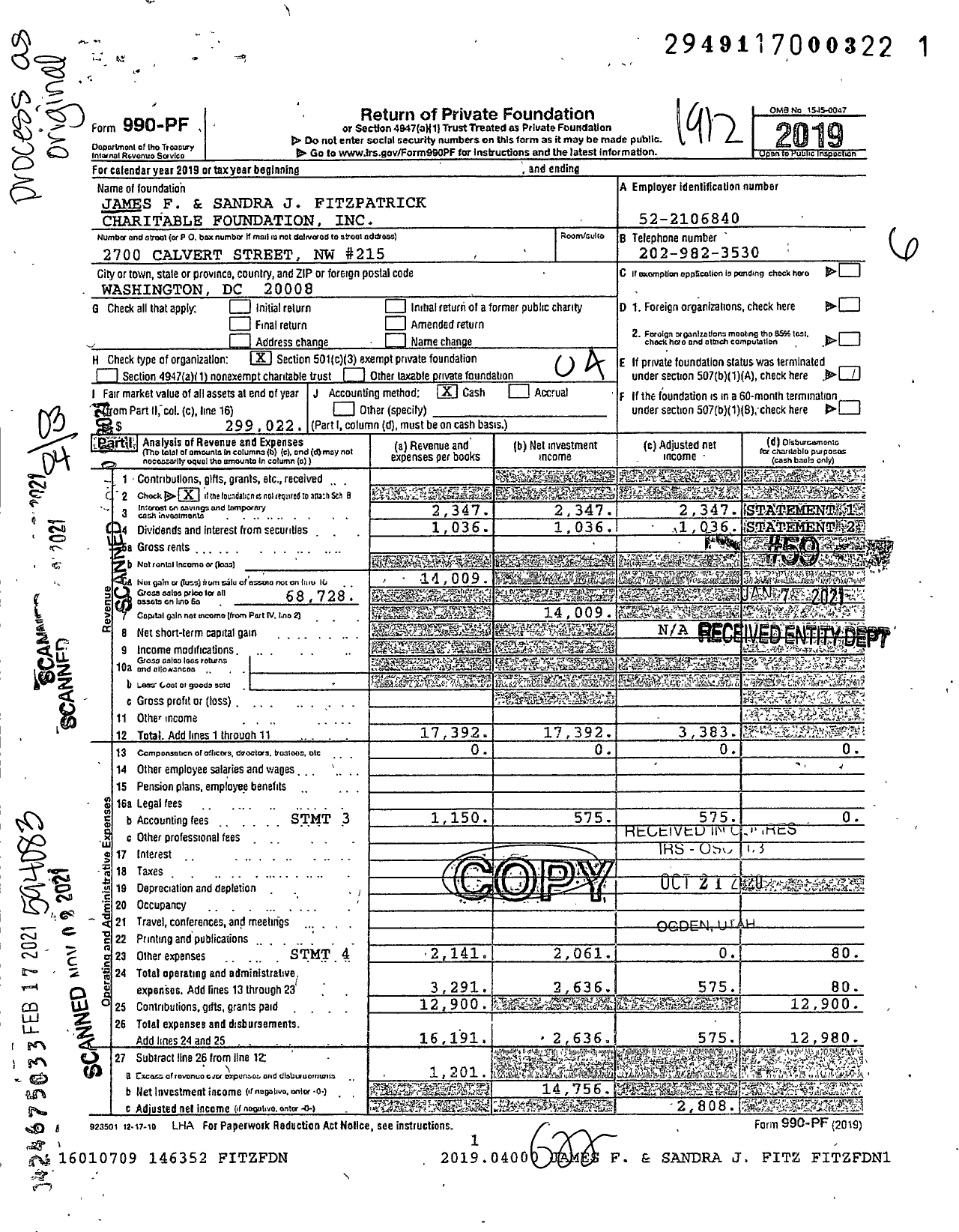 Image of first page of 2019 Form 990PF for James F and Sandra J Fitzpatrick Charitable Foundation