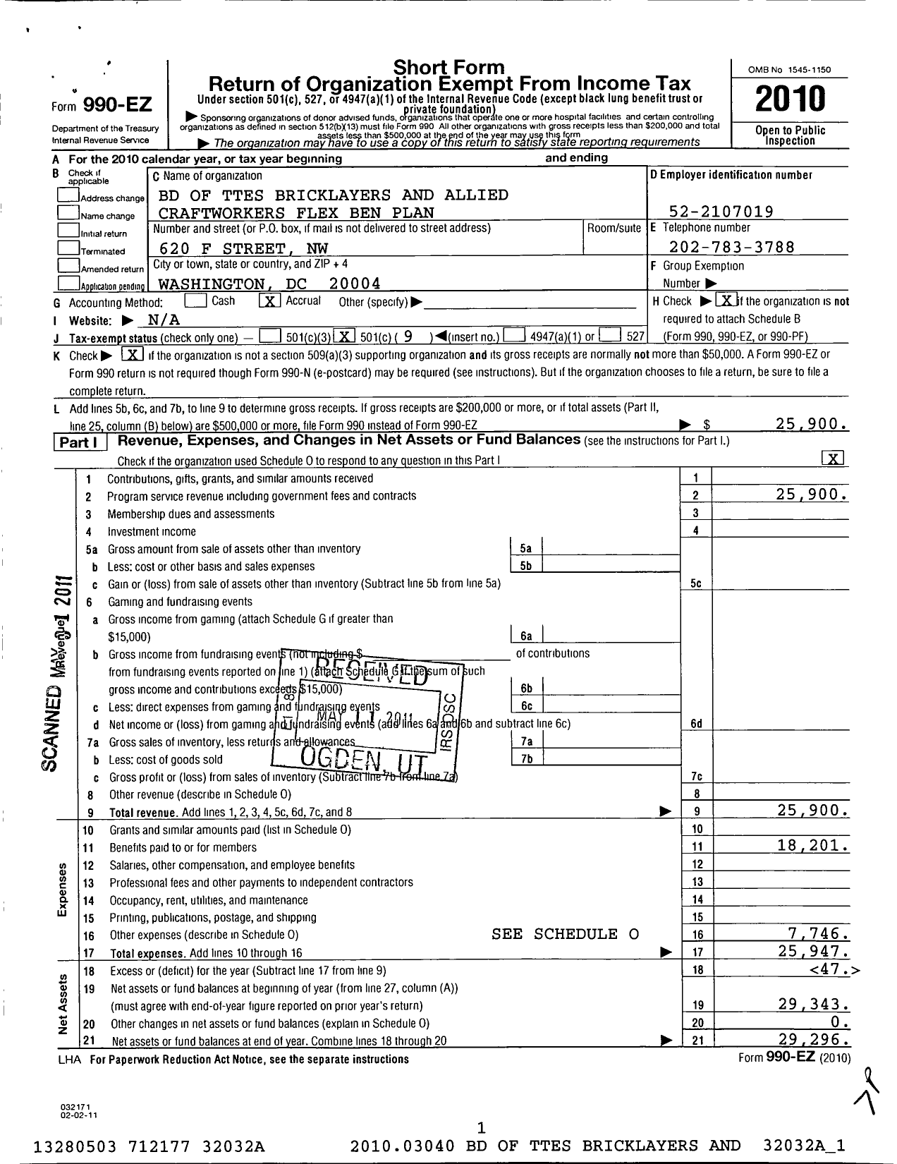 Image of first page of 2010 Form 990EO for Bricklayer and Allied Craftworkers Flexible Benefits Plan