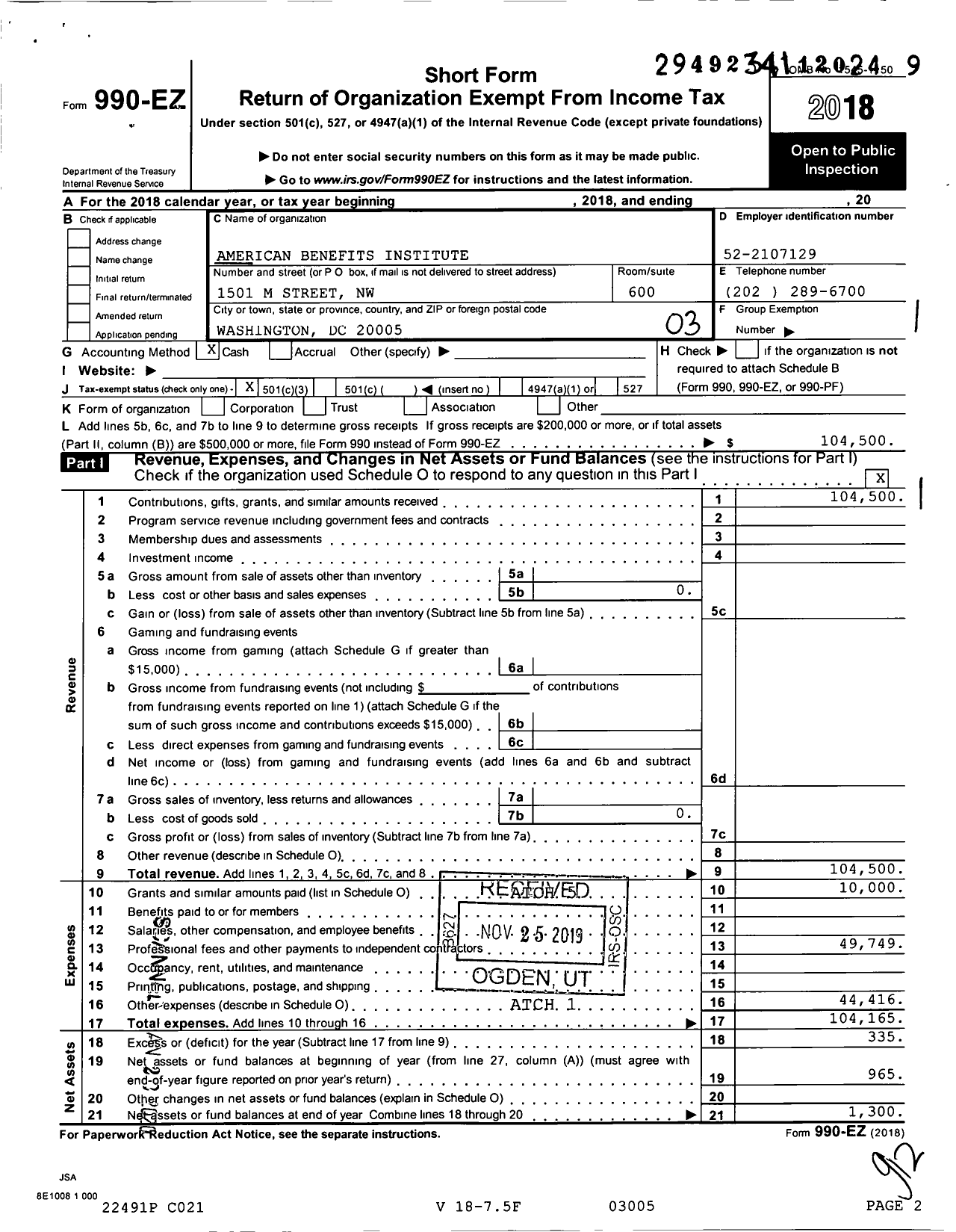 Image of first page of 2018 Form 990EZ for American Benefits Institute