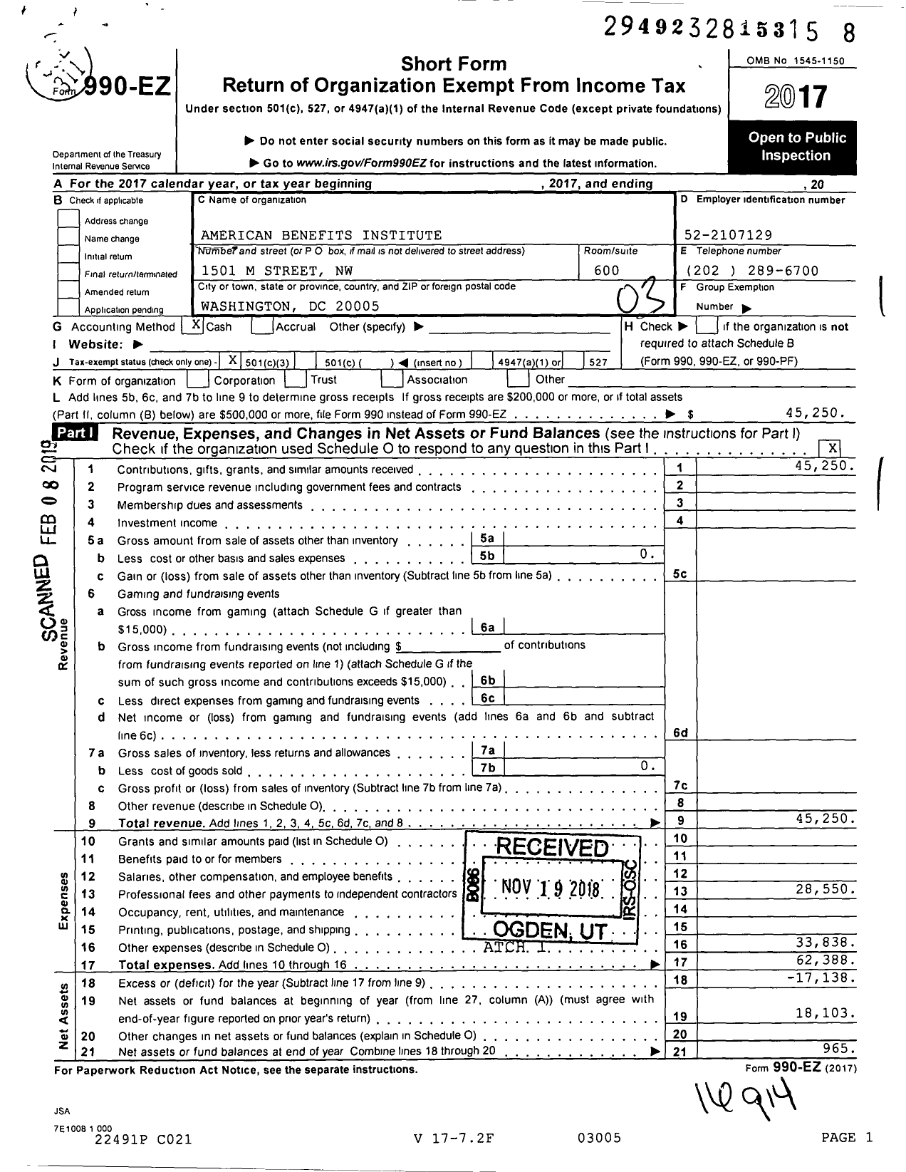 Image of first page of 2017 Form 990EZ for American Benefits Institute