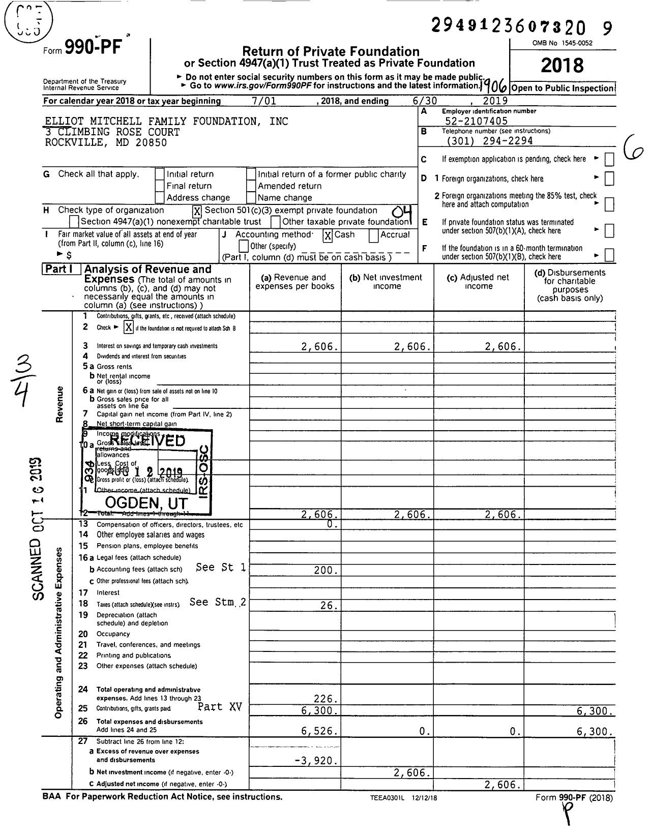 Image of first page of 2018 Form 990PF for Elliot Mitchell Family Foundation