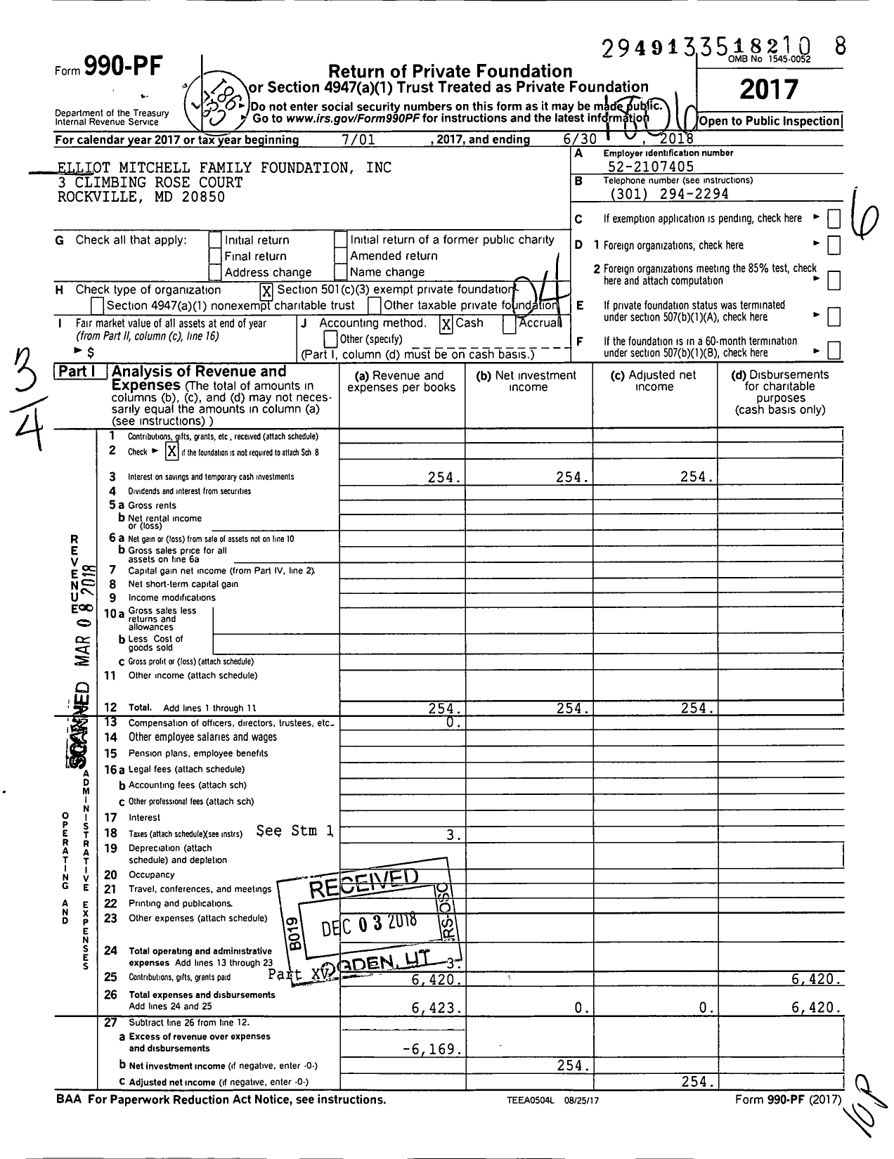 Image of first page of 2017 Form 990PF for Elliot Mitchell Family Foundation