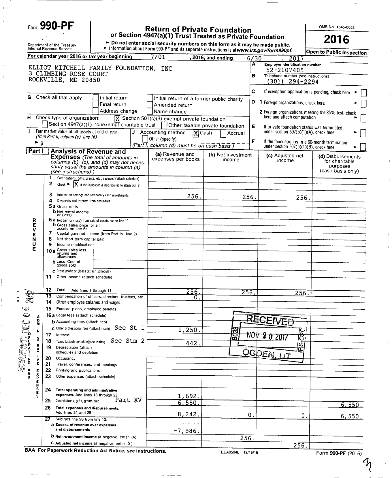 Image of first page of 2016 Form 990PF for Elliot Mitchell Family Foundation