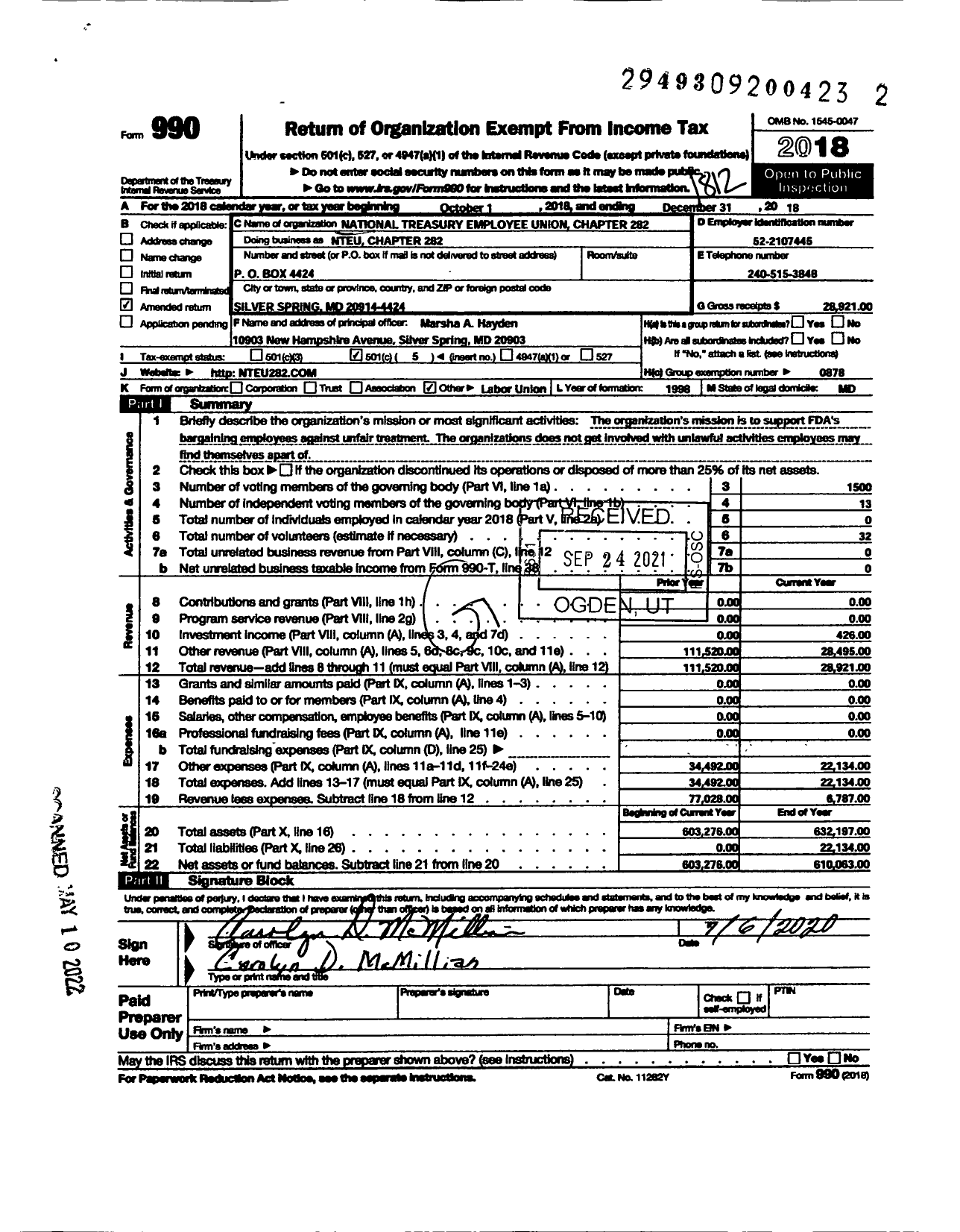 Image of first page of 2018 Form 990O for National Treasury Employees Union - NTEU Chapter 282